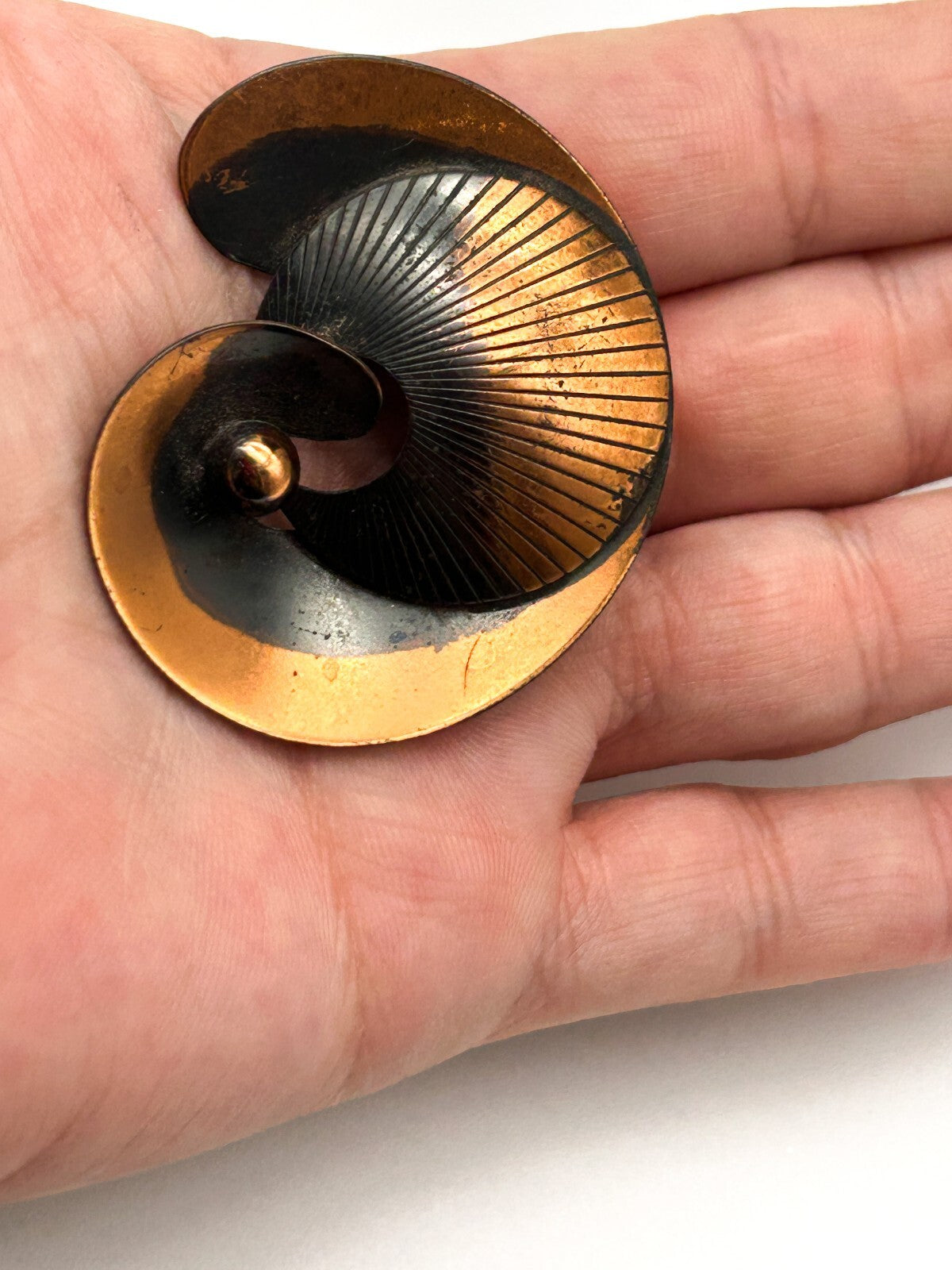 Vintage Modernist Copper Swirl Brooch Mid Century Abstract Spiral Pin Statement