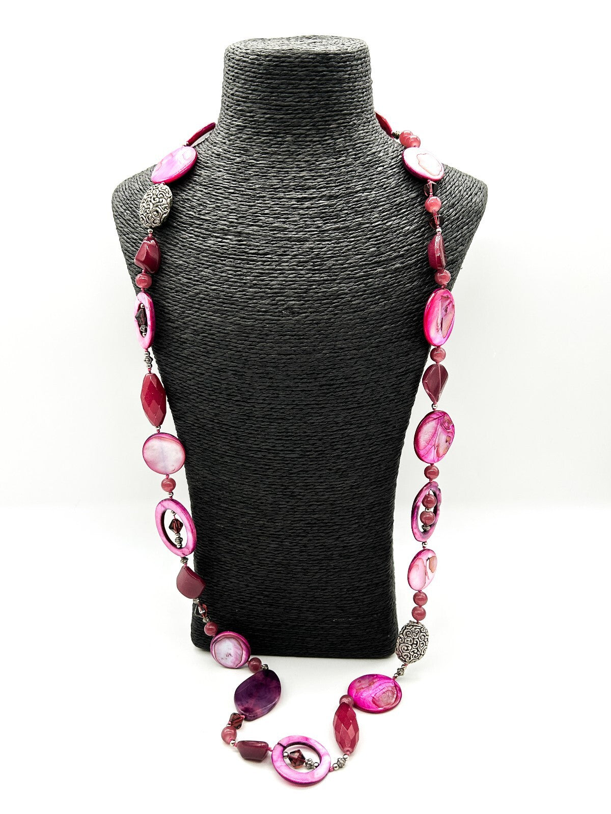 Hand Knotted Pink Shell Statement Necklace Magenta Purple Glass Boho