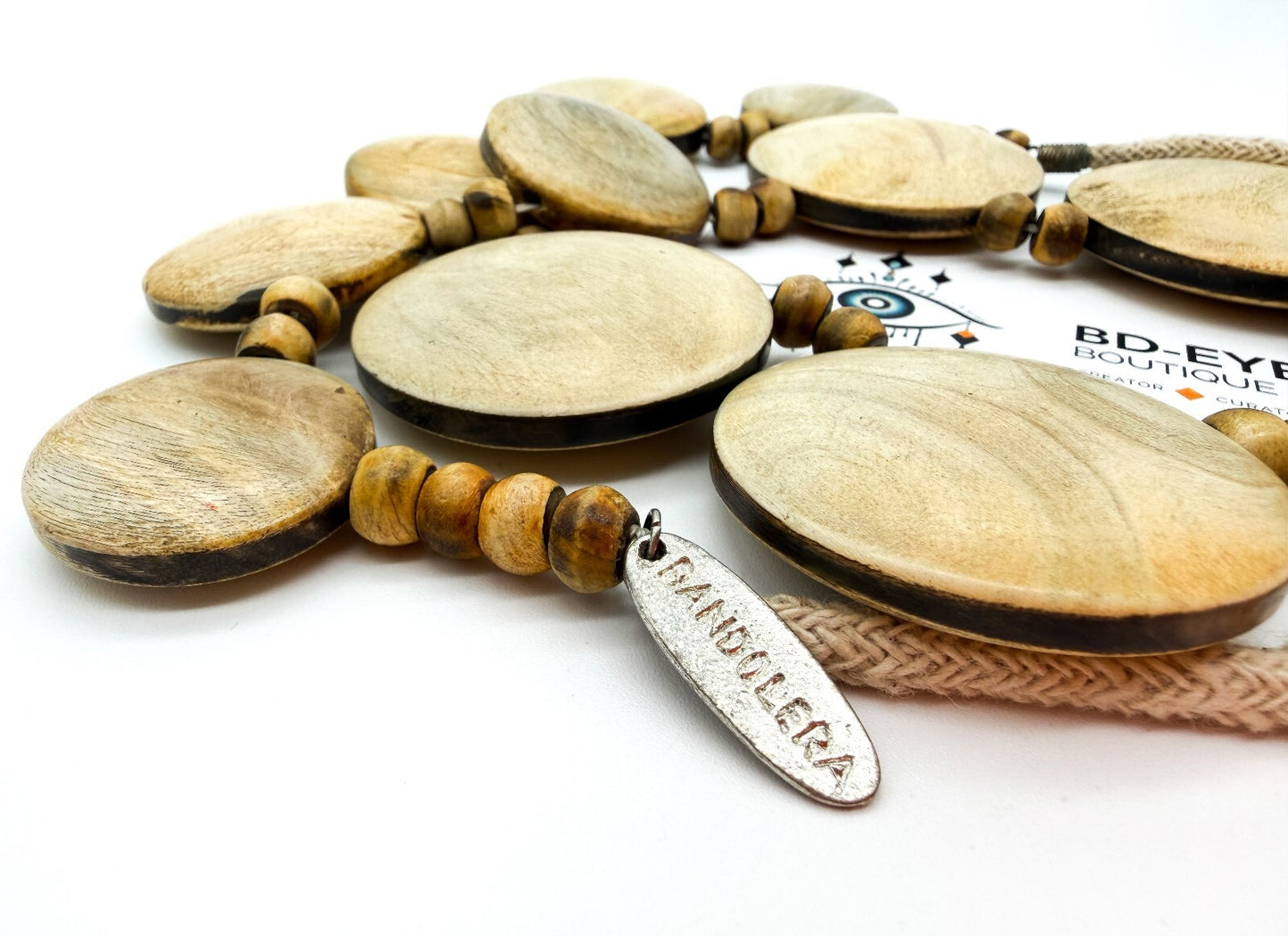 Bandolera Artisan Wooden Disc Necklace Long Statement Boho Natural Wood 19.5”