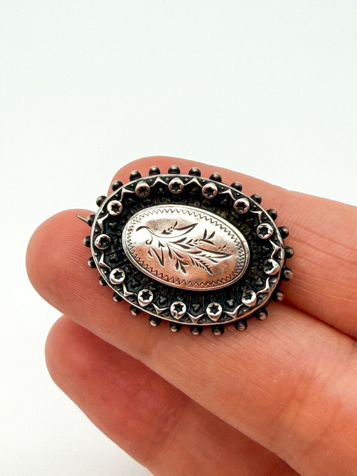 Antique Victorian Silver Tone Floral Engraved Oval Brooch Hinged Pin C Clasp