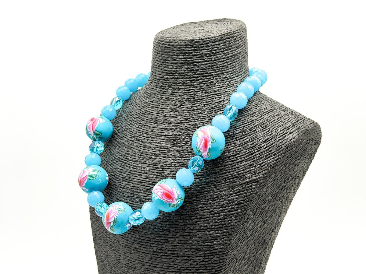 Blue Floral Statement Necklace Polymer Clay Rose Beads Faceted Glass Artisan