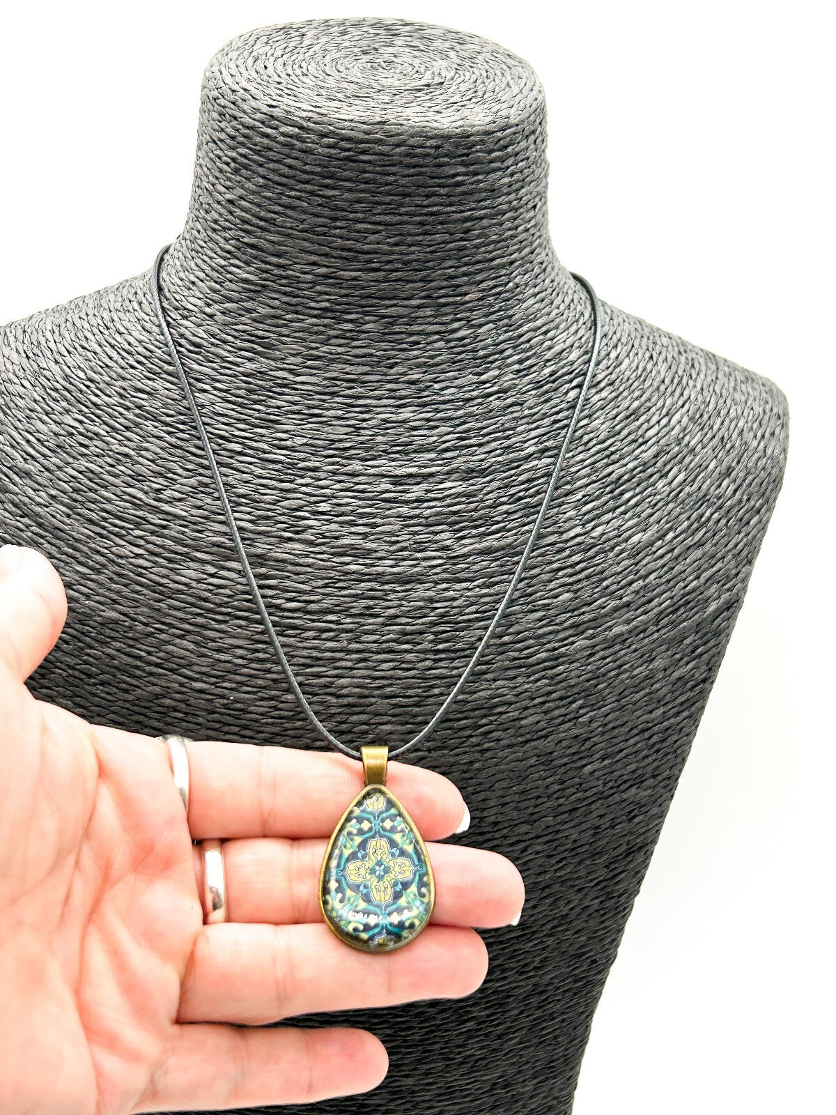 Brass Tone Floral Resin Teardrop Pendant Necklace Blue Geometric Pattern
