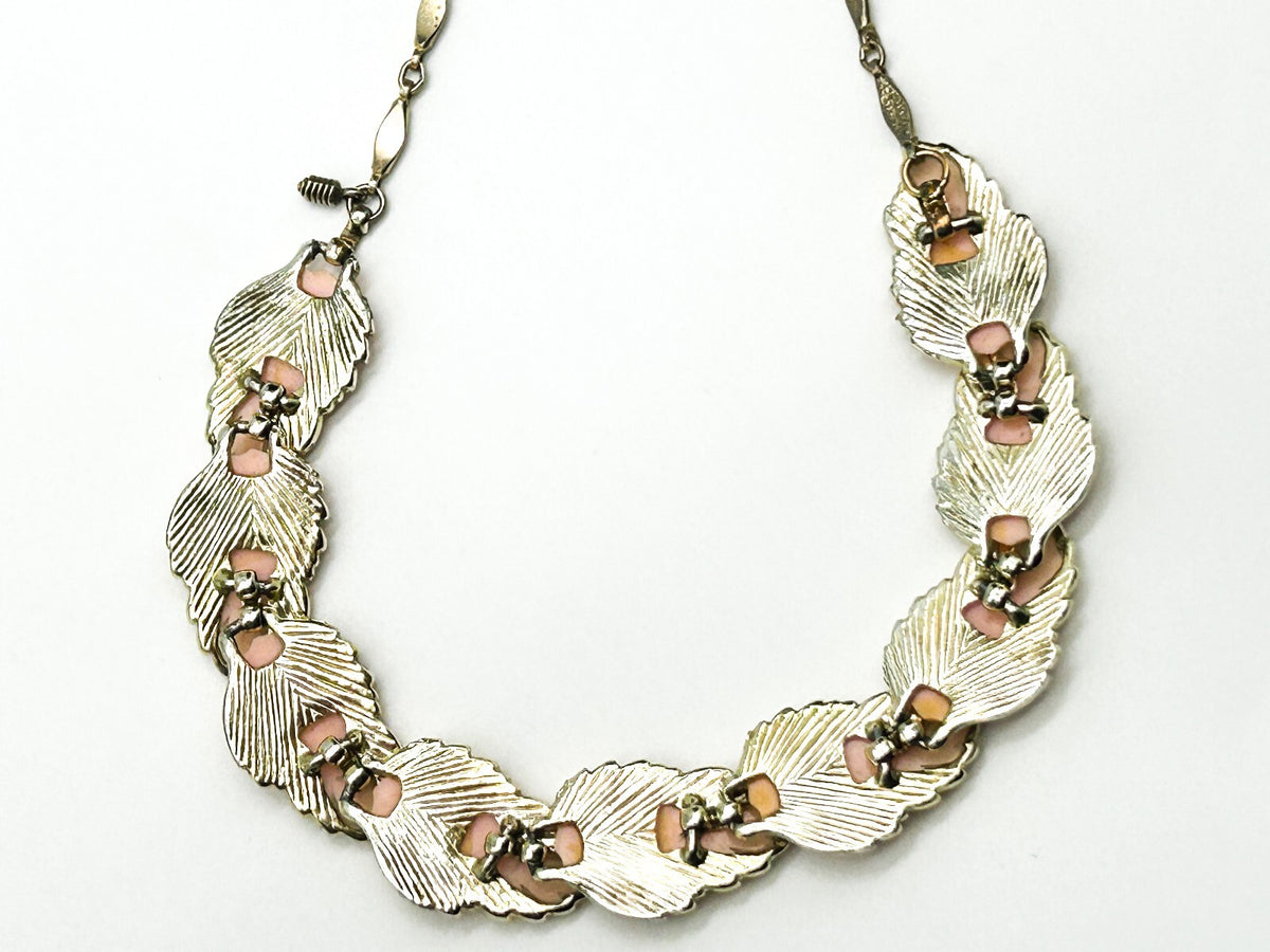 Vintage Pink Thermoset Lucite Leaf Necklace Silver Tone Articulated Leaves