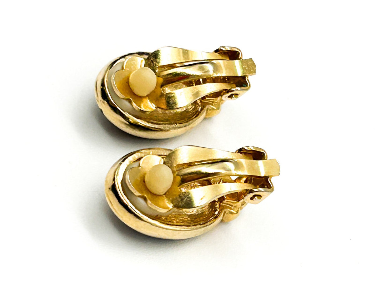 Vintage Gold Tone Black Enamel Clip On Earrings Clear Rhinestone Oval Deco Style
