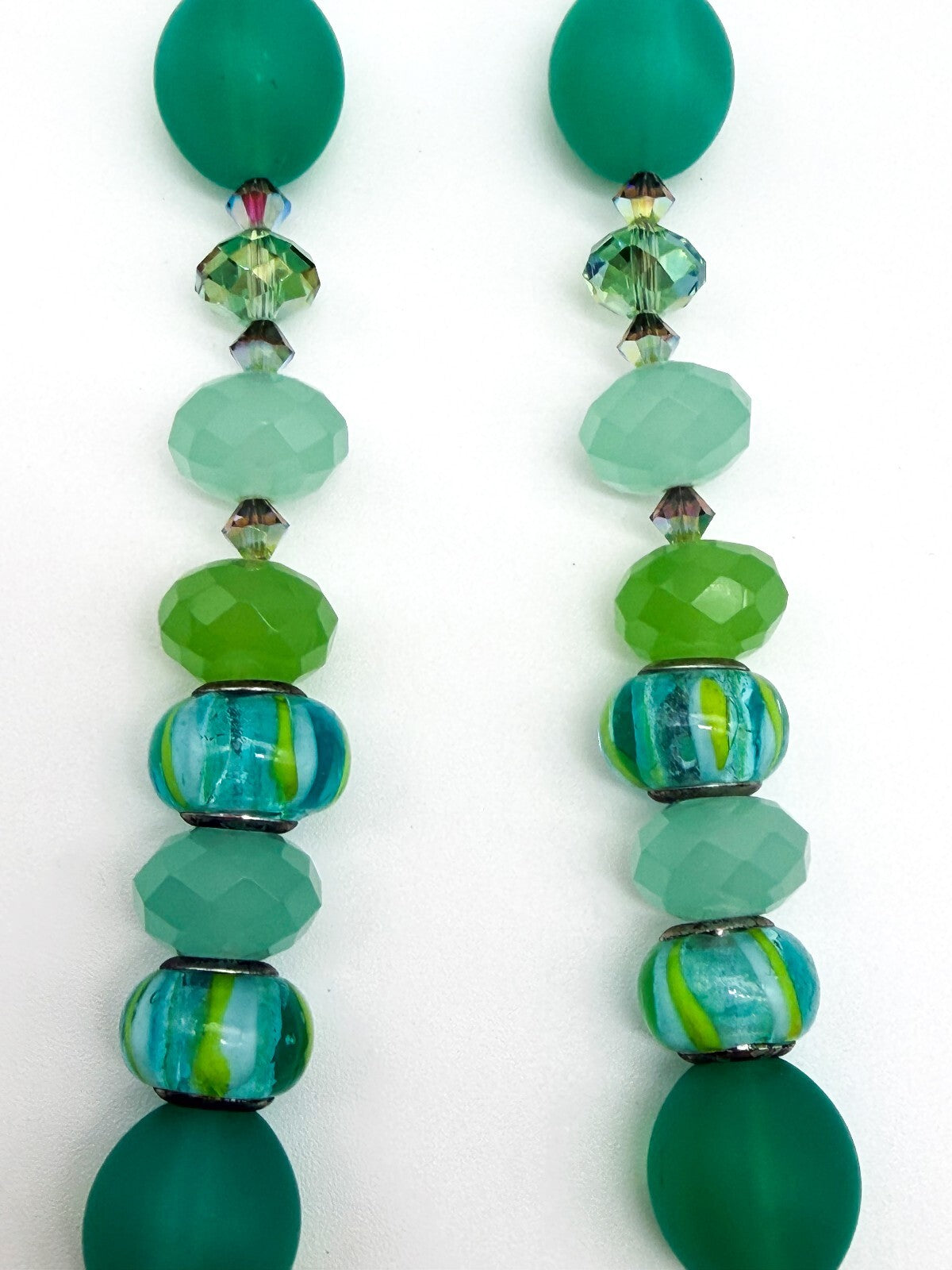 Frosted Green Glass Necklace Earrings Set Lampwork Beads Toggle Clasp Statement