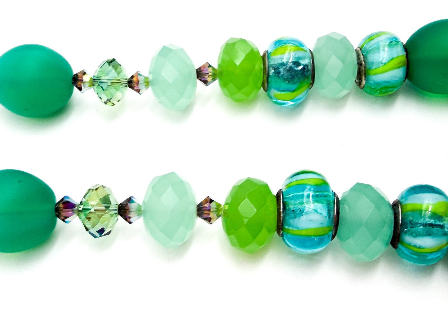 Frosted Green Glass Necklace Earrings Set Lampwork Beads Toggle Clasp Statement