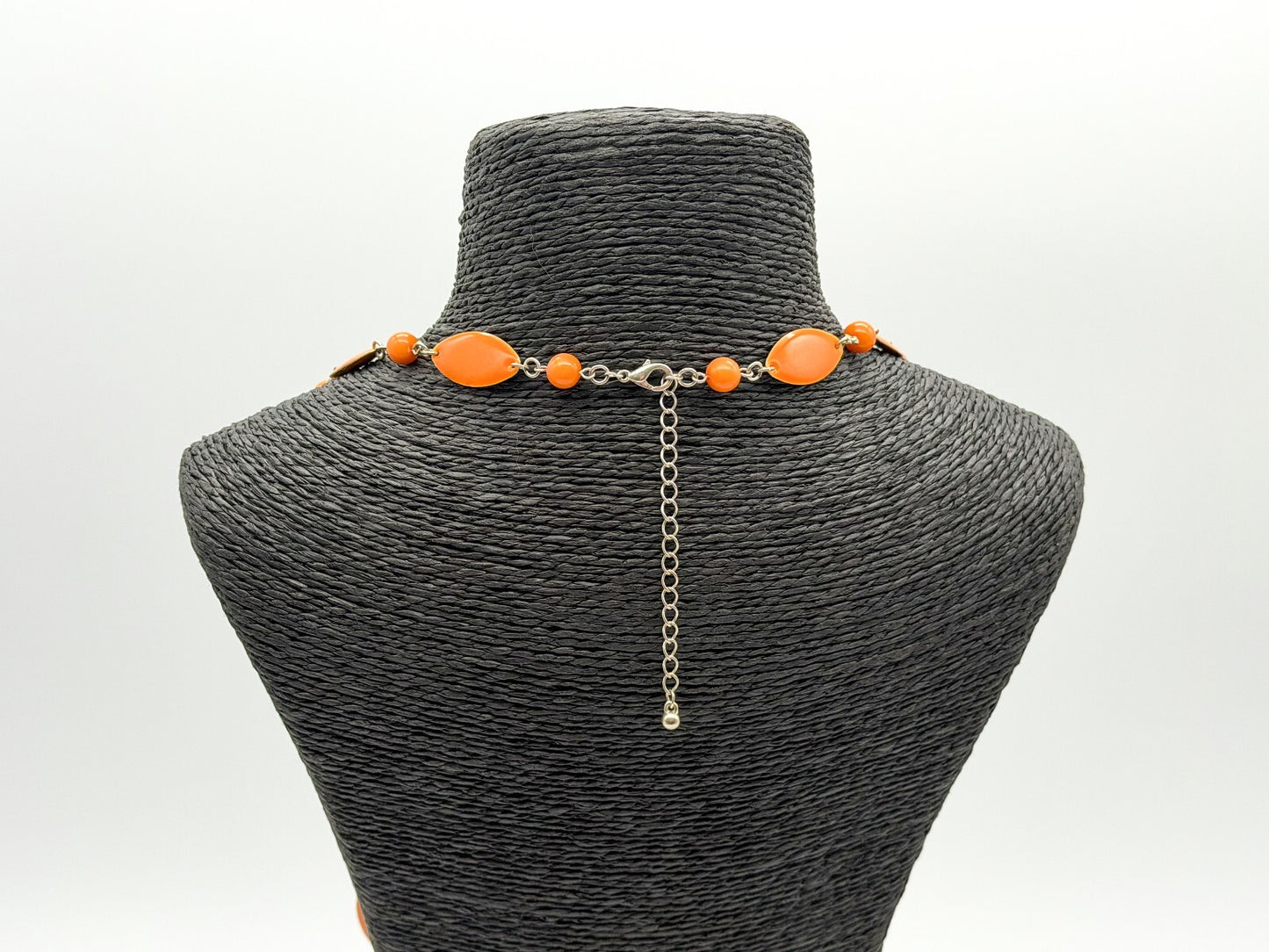 Retro Long Orange Acrylic Link Necklace Marquise Beads Silver Tone 31.5”