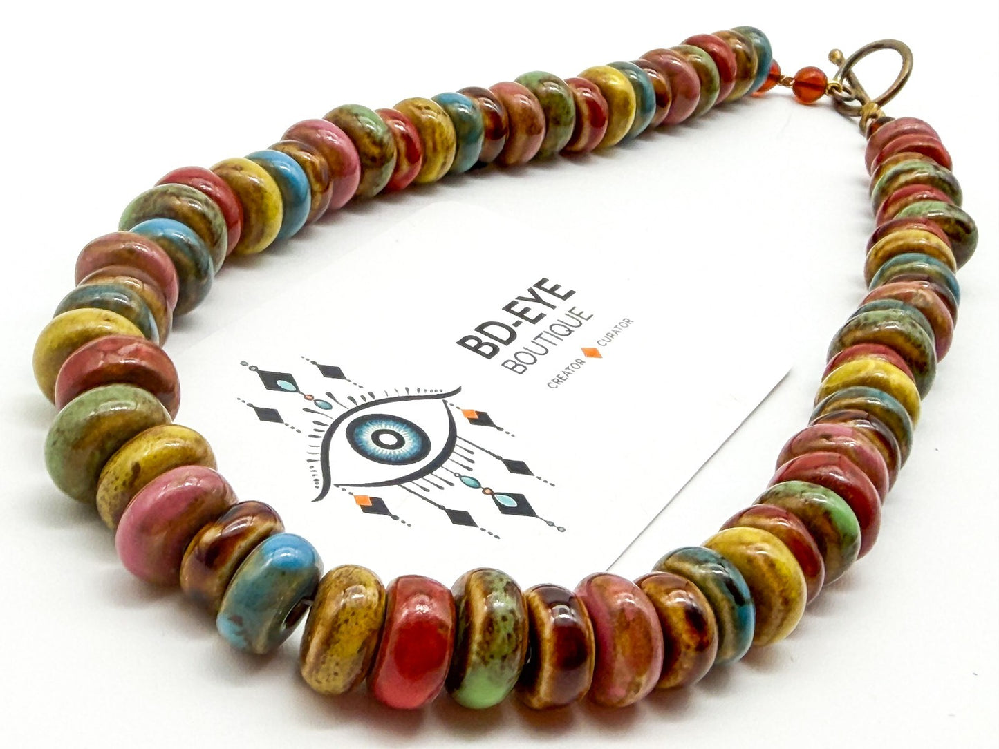 Multicolour Glazed Ceramic Disc Necklace Artisan Boho Statement Toggle Earthy