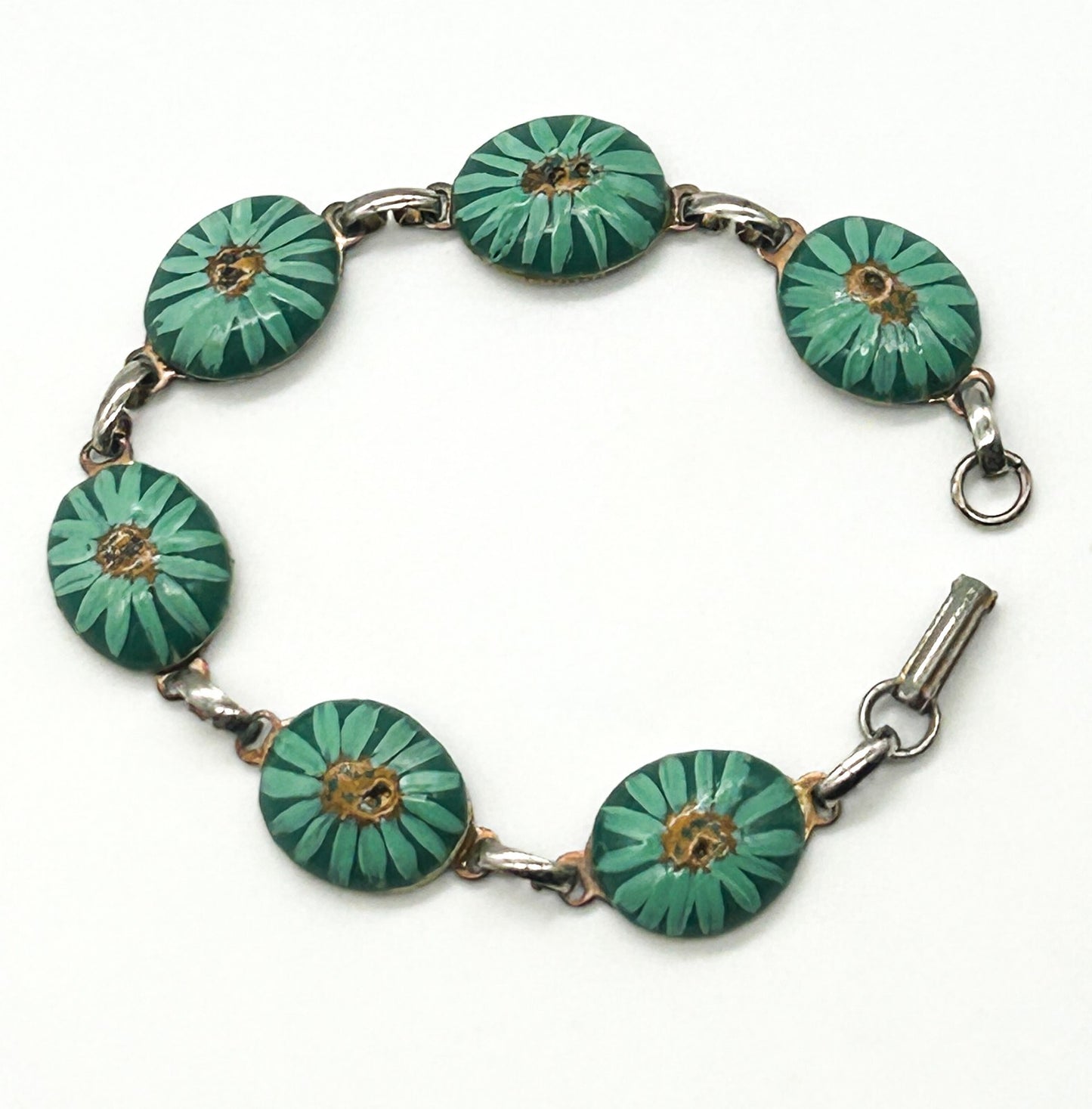 Vintage Hand Painted Ceramic Panel Bracelet Teal Green Floral Link Bracelet 8.5”