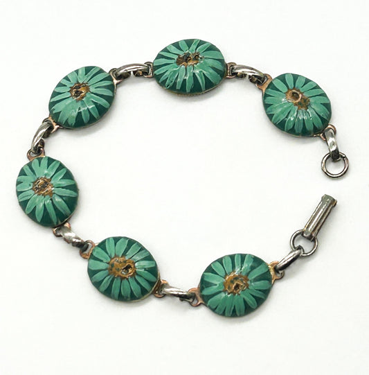 Vintage Hand Painted Ceramic Panel Bracelet Teal Green Floral Link Bracelet 8.5”