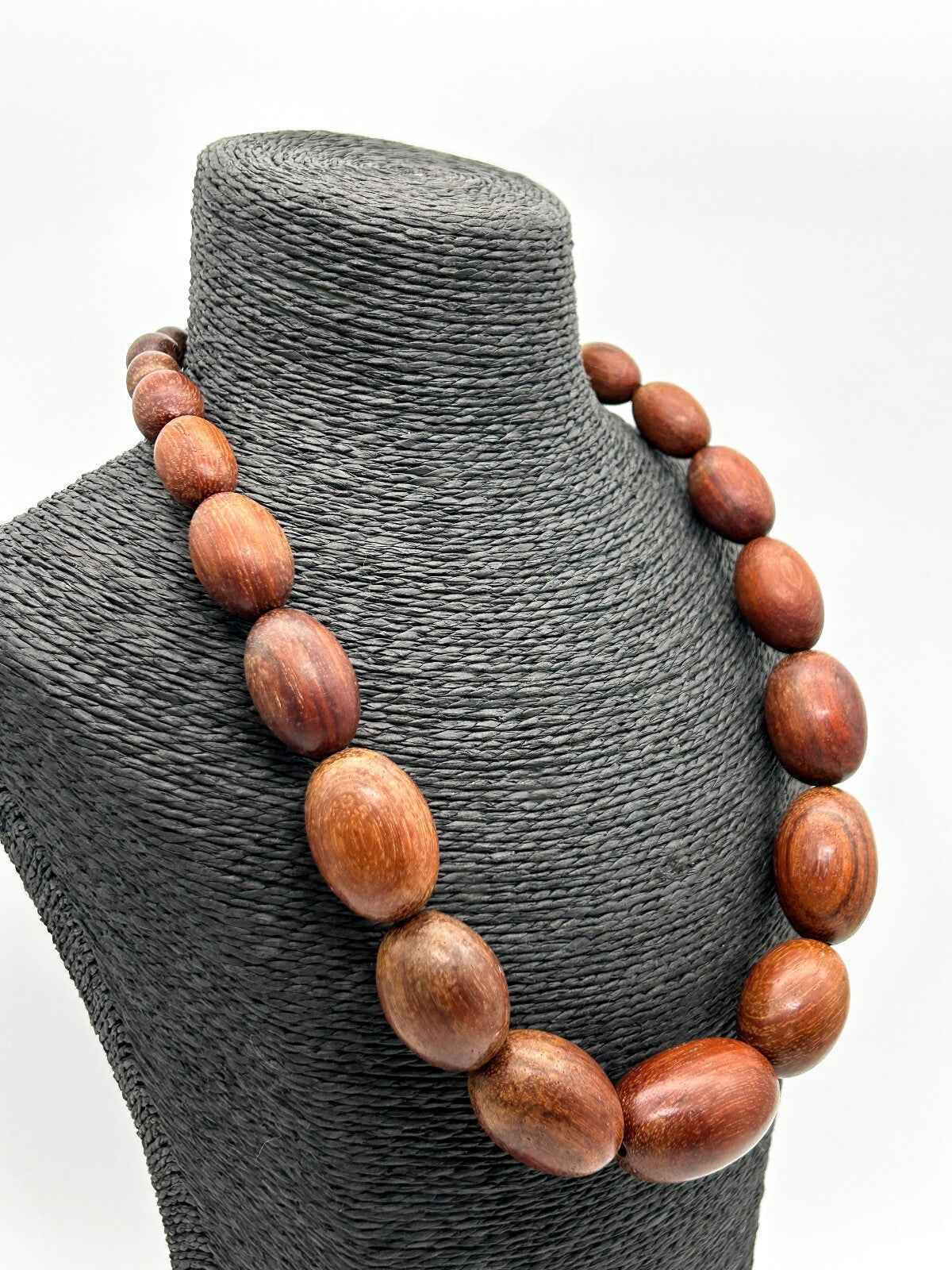 Vintage Chunky Wood Bead Necklace Graduated Oval Natural Wooden Beads