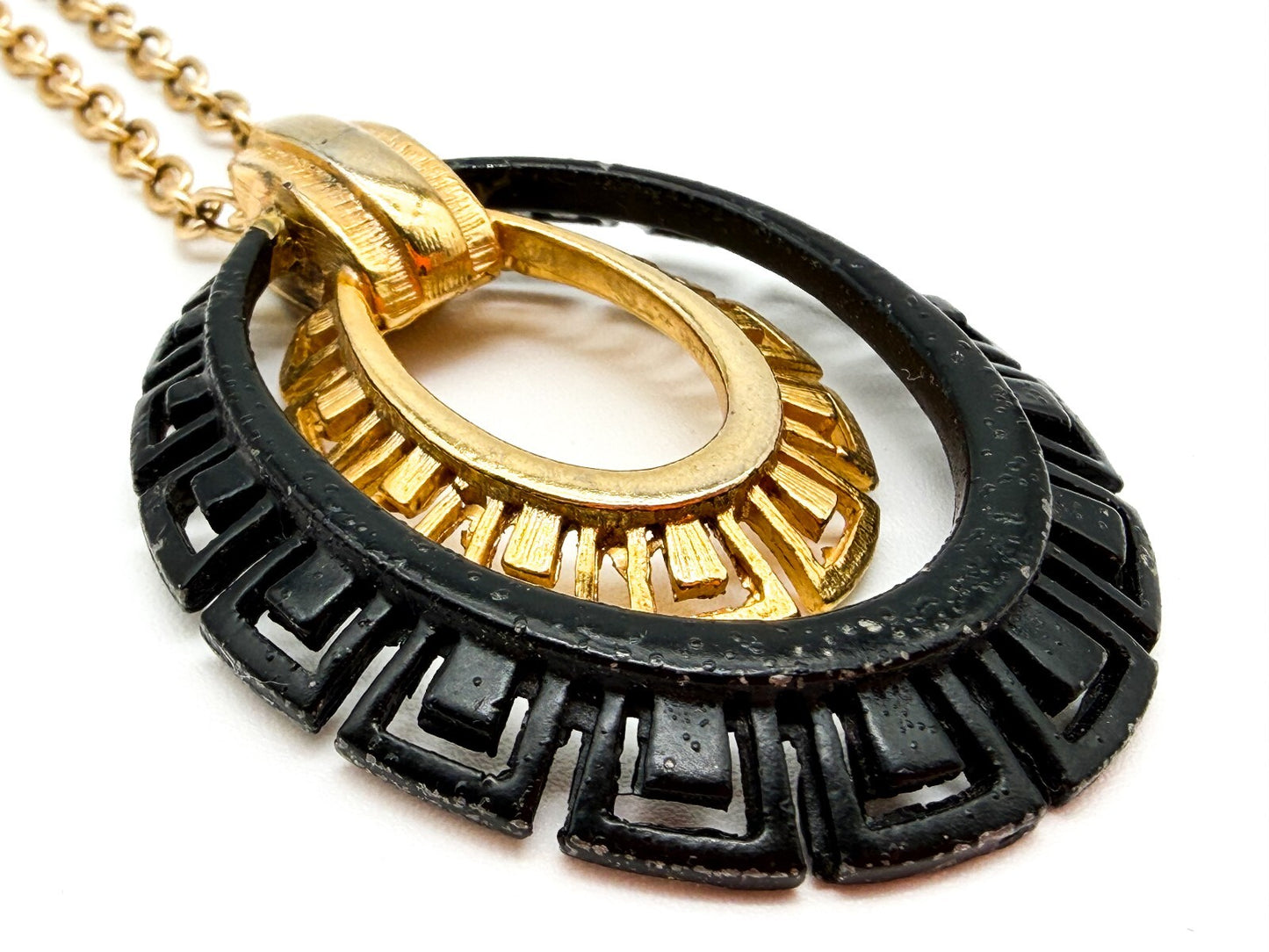 Vintage Black Gold Tone Greek Key Statement Necklace Oval Pendant 17” Geometric