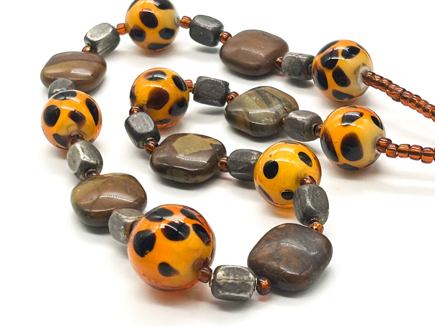 Vintage Jasper & Orange Spotted Glass Bead Necklace Leopard Print Style 19”