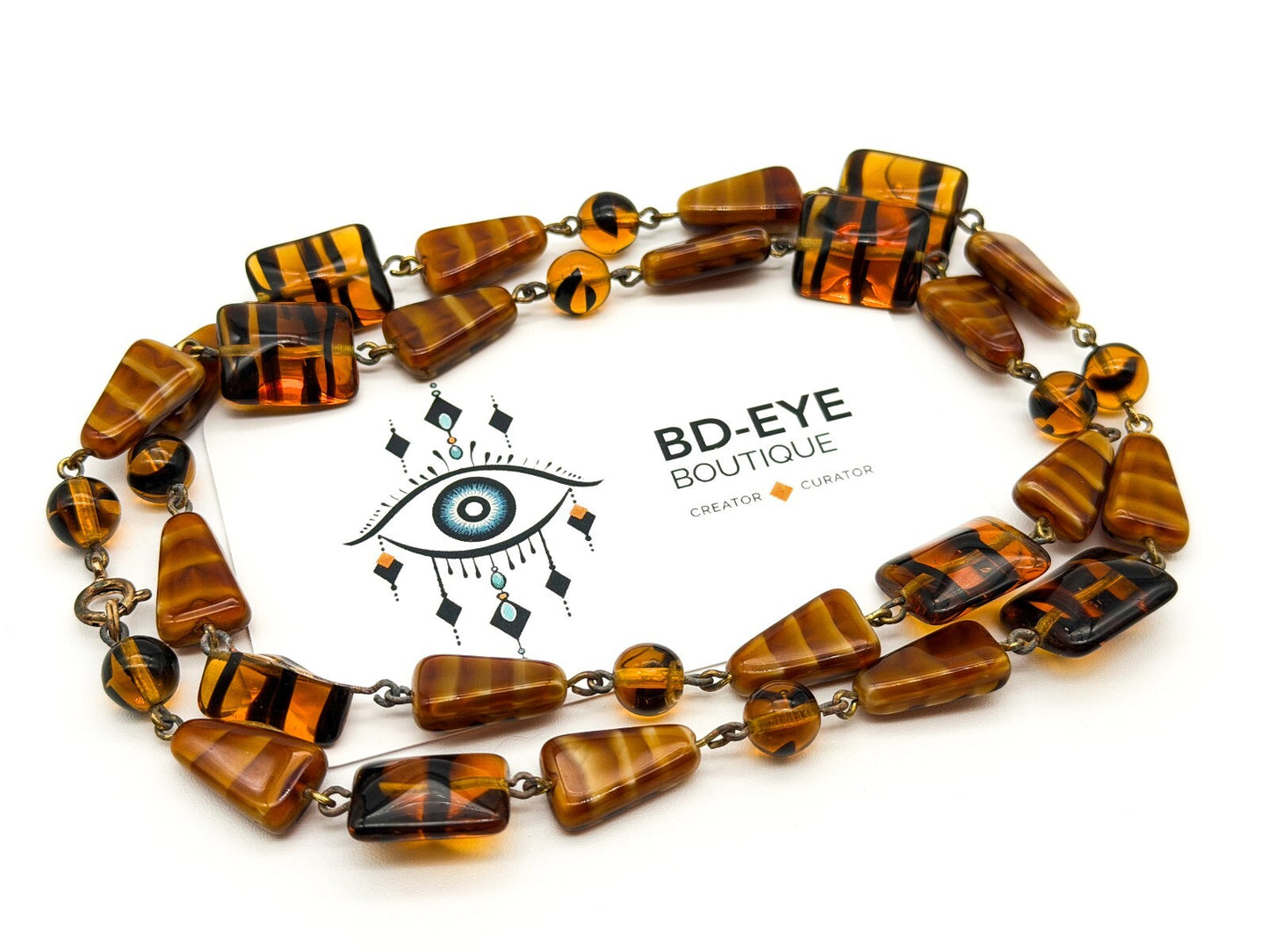 Vintage Amber Art Glass Necklace Givre Black Stripe Geometric Beads 24.5 Inch