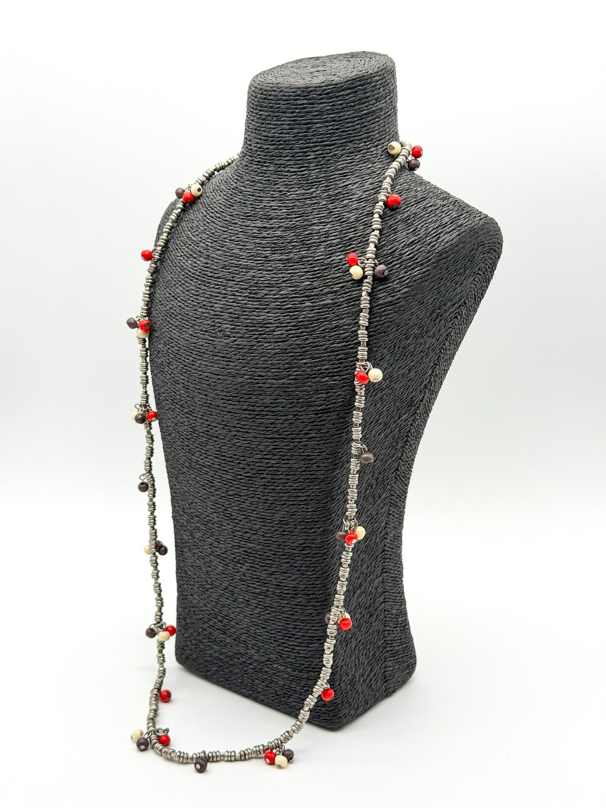 Long Silver Tone Spacer Bead Necklace Red Wood Beads Boho 36” Strand