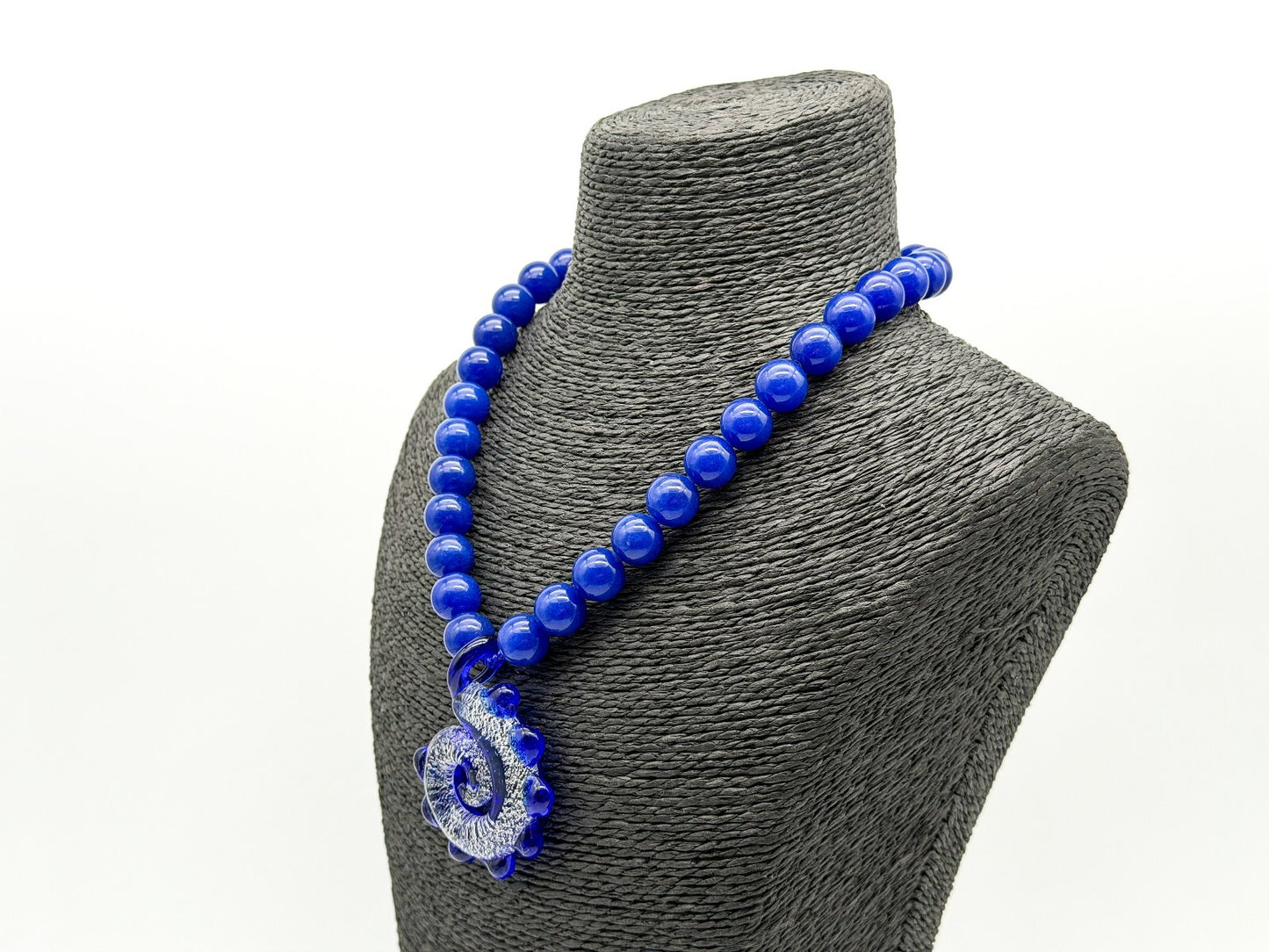 Cobalt Blue Agate Necklace Art Glass Swirl Spiral Pendant Statement Murano-style
