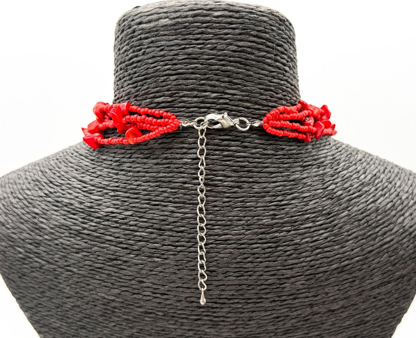 Red Coral Mother of Pearl Floral Necklace Multi Strand Boho Statement Flower