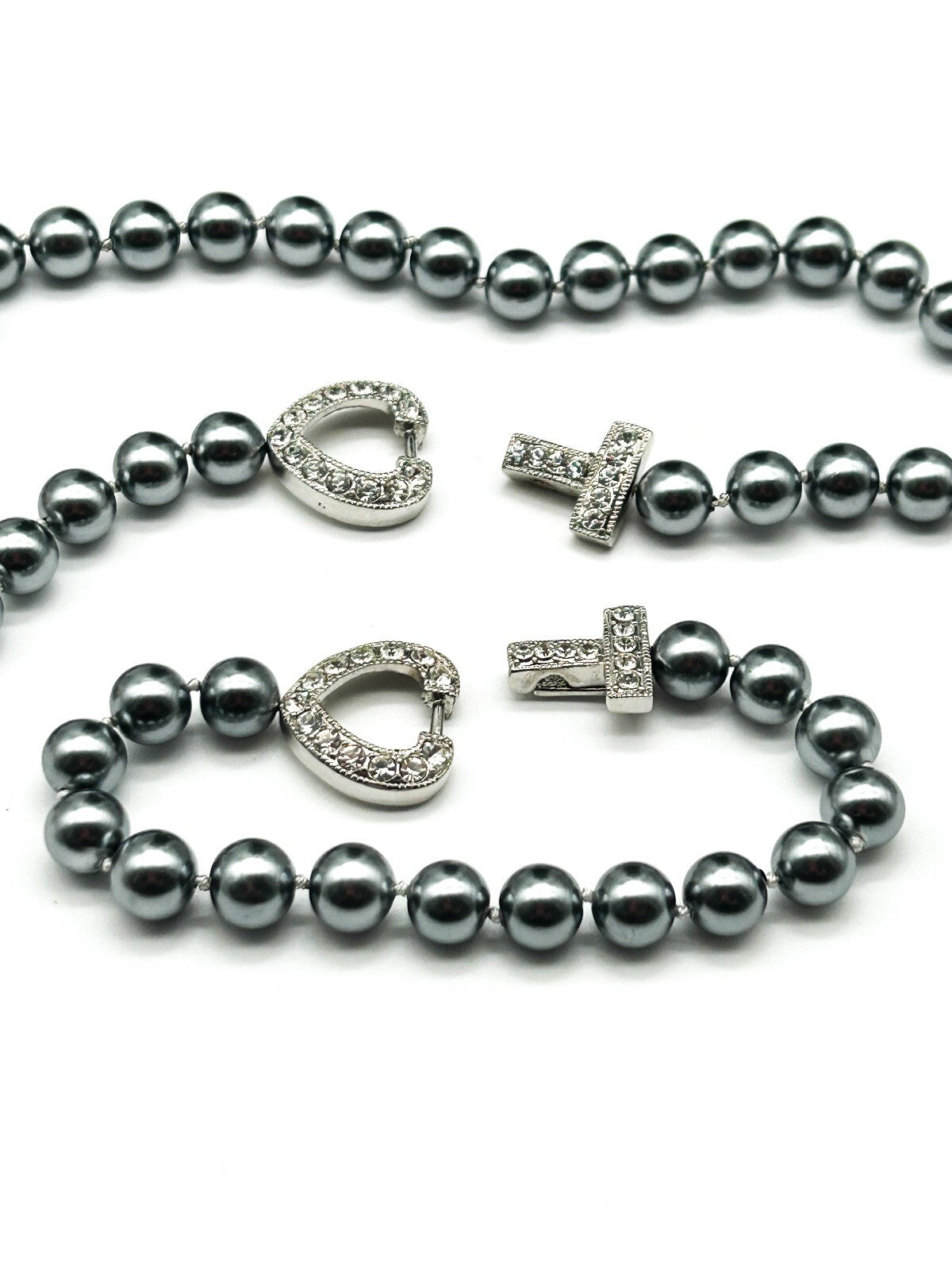 Vintage Grey Faux Pearl Necklace Bracelet Set Rhinestone Heart Clasp 19” 8.5”