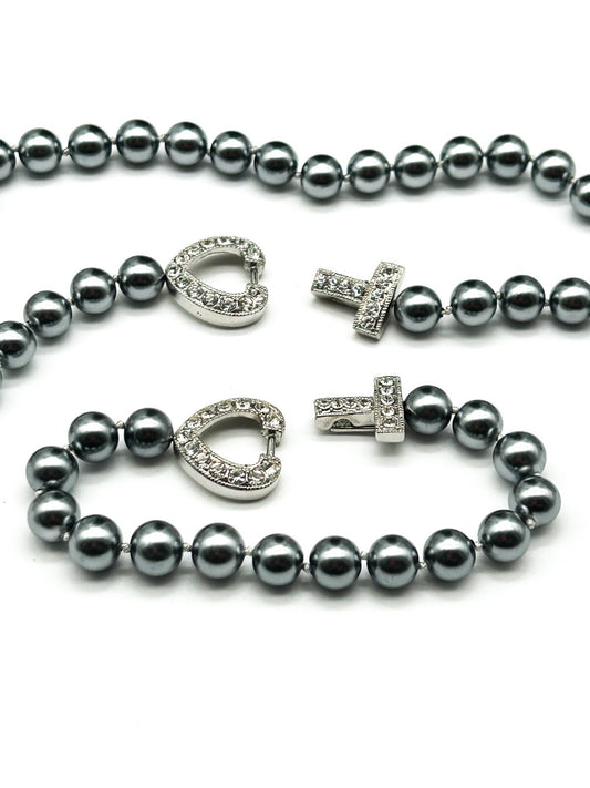 Vintage Grey Faux Pearl Necklace Bracelet Set Rhinestone Heart Clasp 19” 8.5”