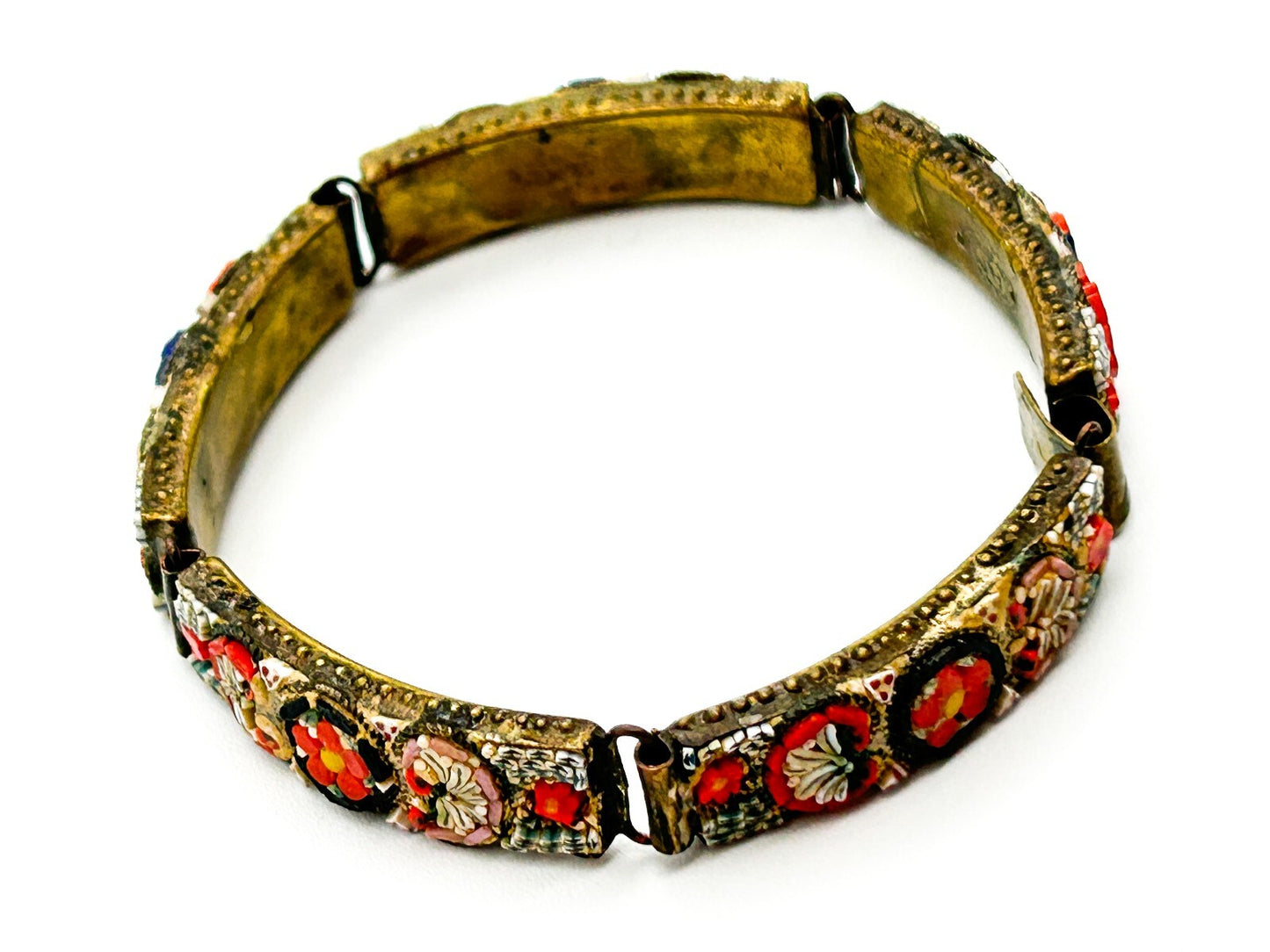 Vintage Italian Micro Mosaic Bracelet RM Made In Italy Red Floral Panel Bracelet