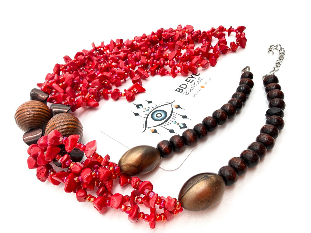 Red Coral Chip 5 Strand Necklace Wood Beads AB Glass Seed Beads 26” Statement