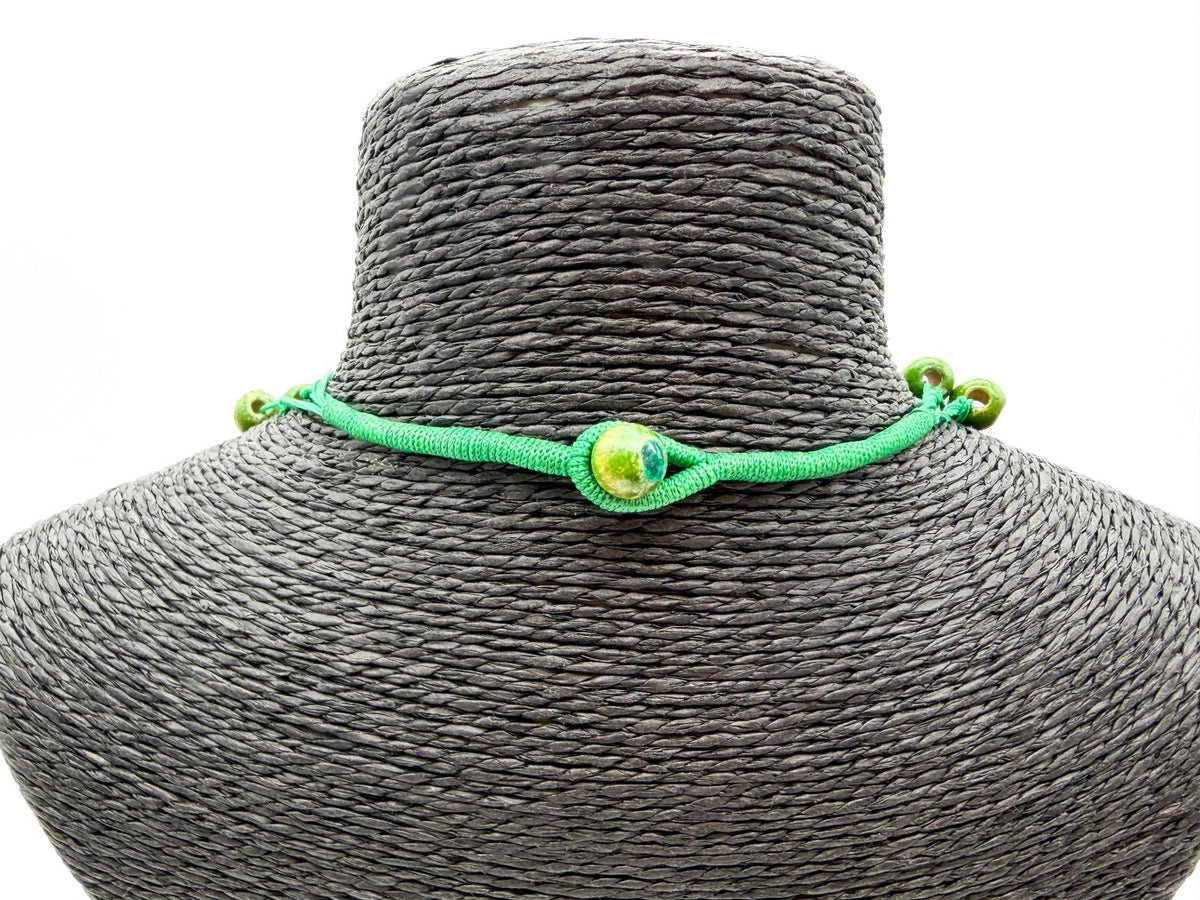 Boho Green Coconut Shell & Wood Bead Necklace Hand Knotted Statement
