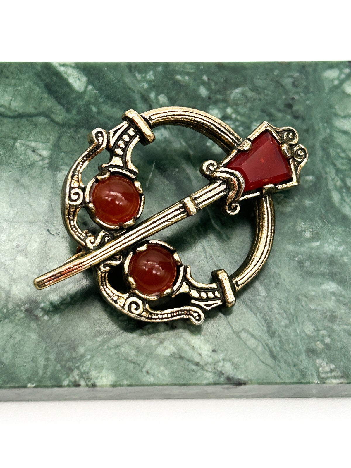Vintage Celtic Penannular Brooch Faux Carnelian Glass Gold Tone Scarf Pin