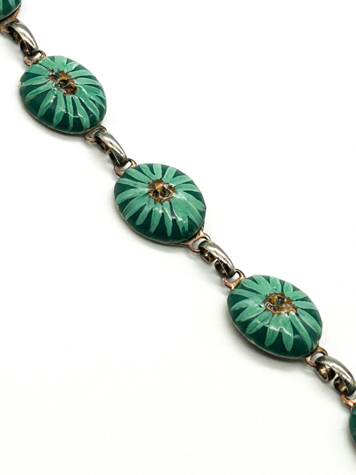Vintage Hand Painted Ceramic Panel Bracelet Teal Green Floral Link Bracelet 8.5”