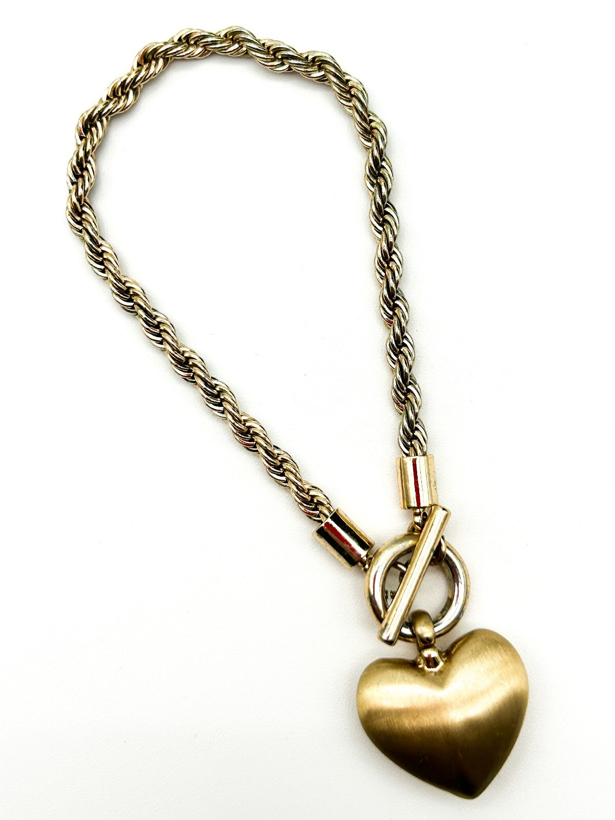 Vintage Gold Tone Rope Chain Bracelet Love Heart Charm Toggle Clasp Bracelet
