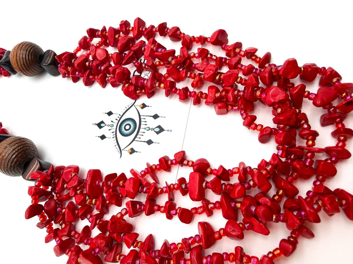 Red Coral Chip 5 Strand Necklace Wood Beads AB Glass Seed Beads 26” Statement
