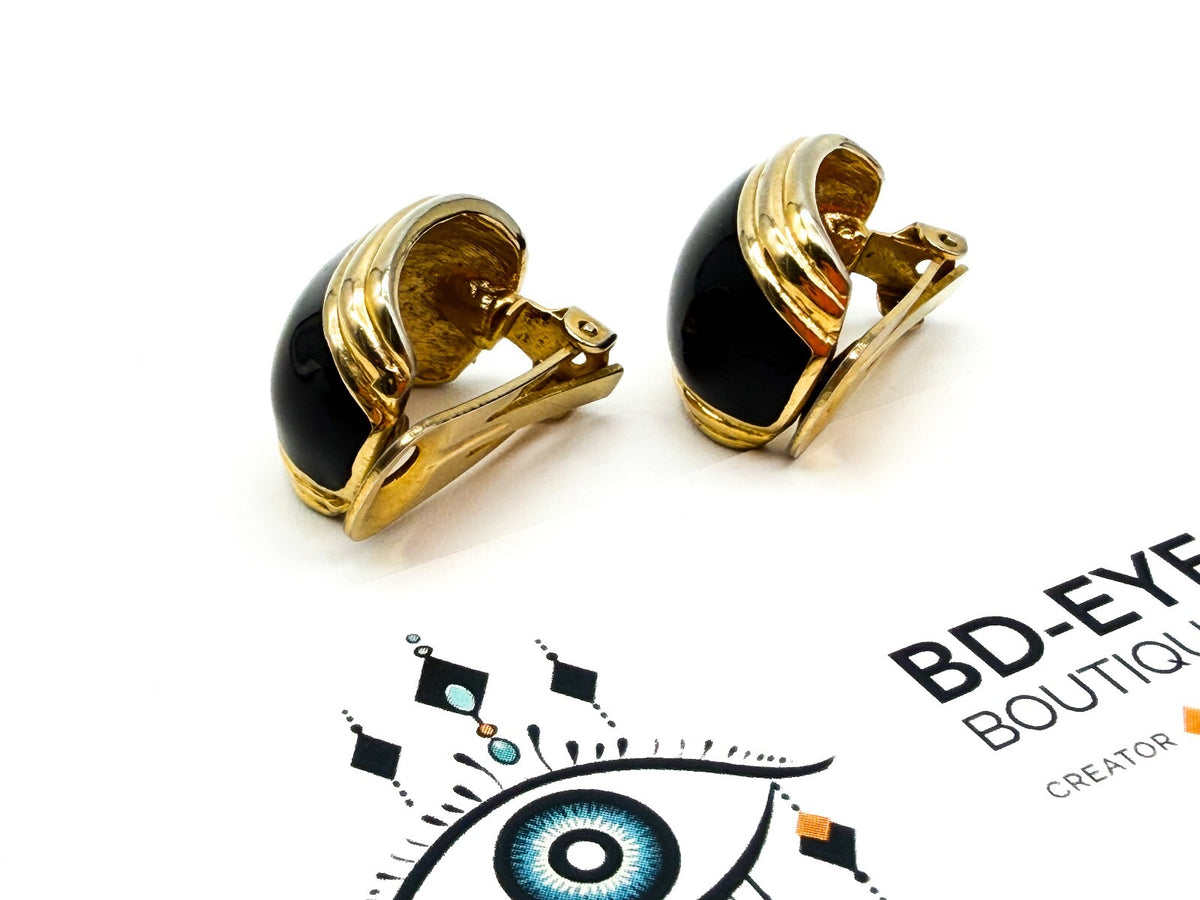 Vintage Black Gold Tone Clip On Earrings Ribbed Domed Retro Statement