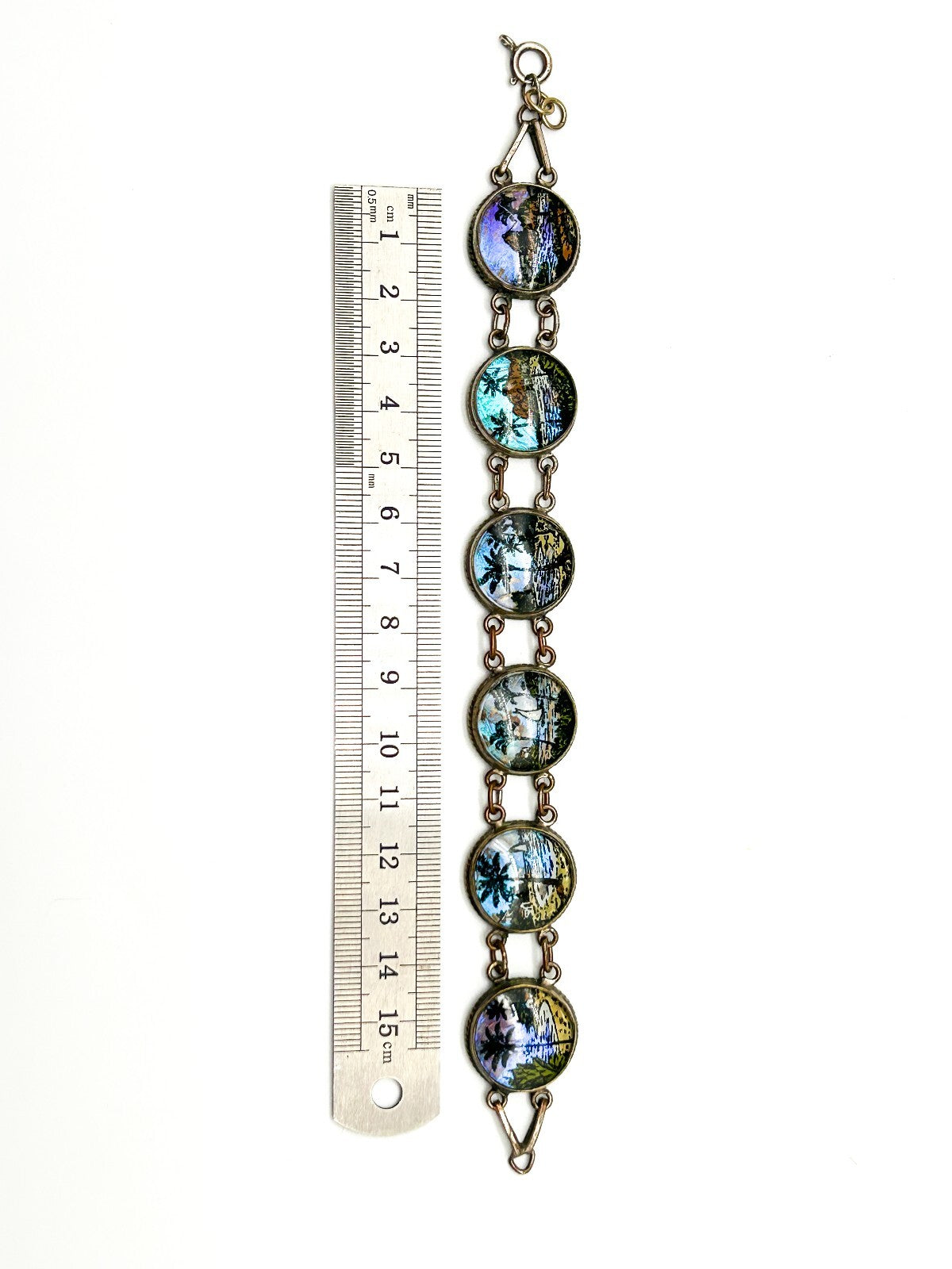 1920-30s Morpho Butterfly Wing Bubble Glass Bracelet Deco Retro Made in Brazil