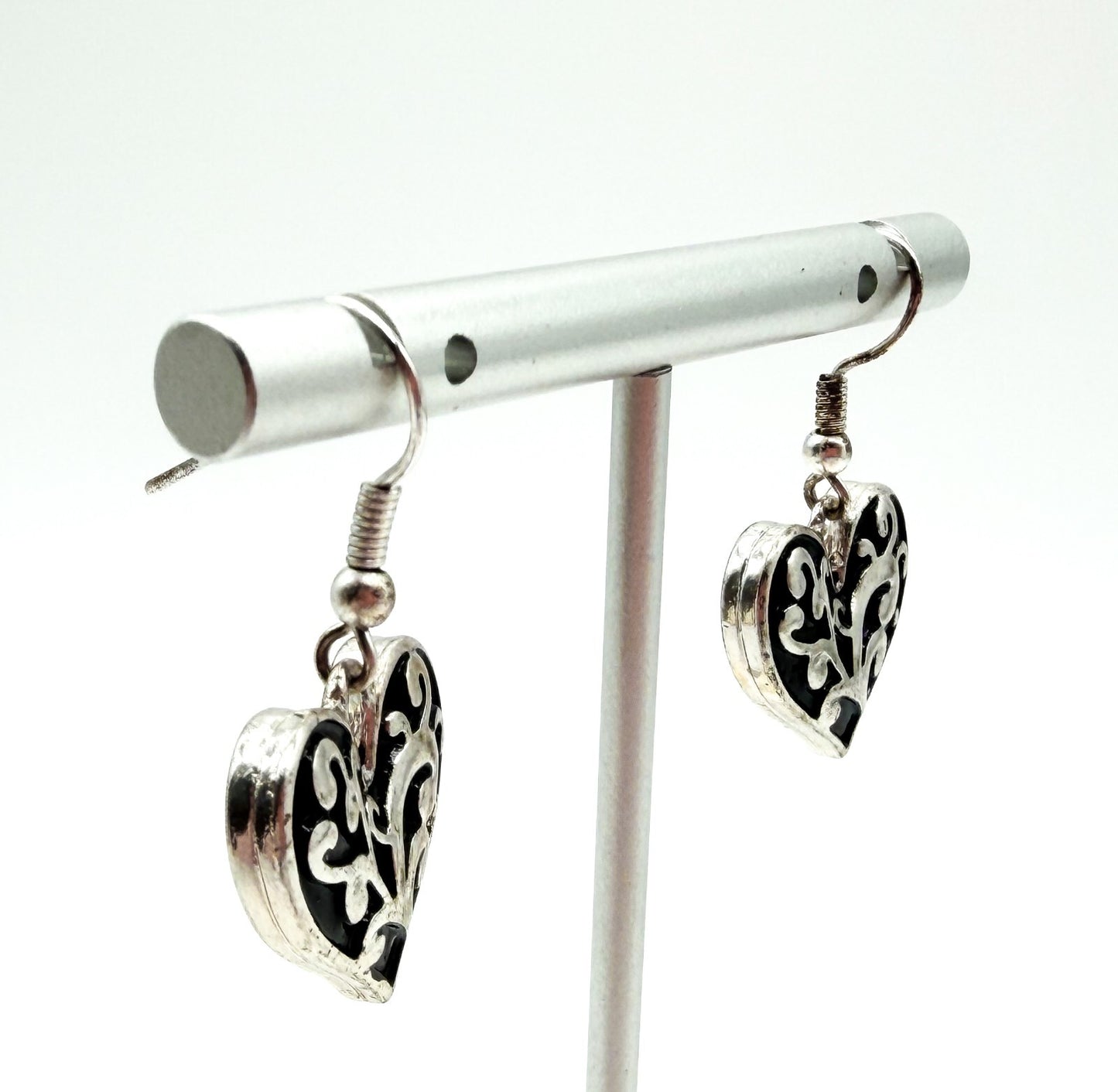 Silver Tone Love Heart Dangle Earrings Scroll Vine Detail on Black Drop Earrings