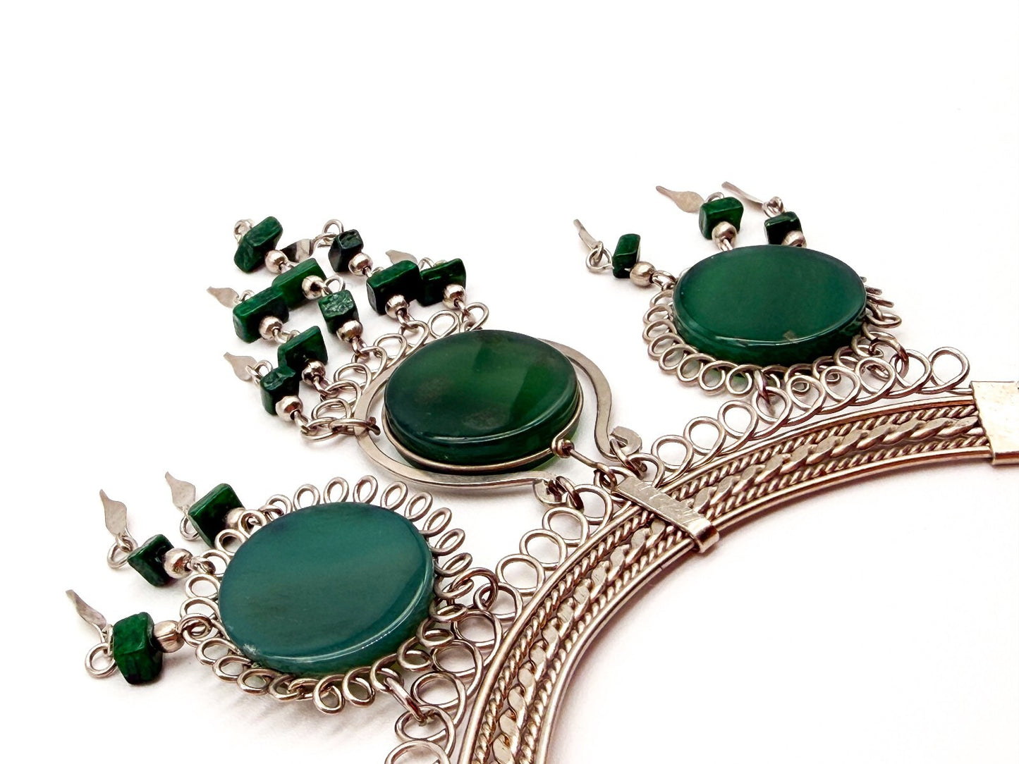 Peruvian Alpaca Silver Green Agate Necklace Earrings Set Malachite Bib Statement