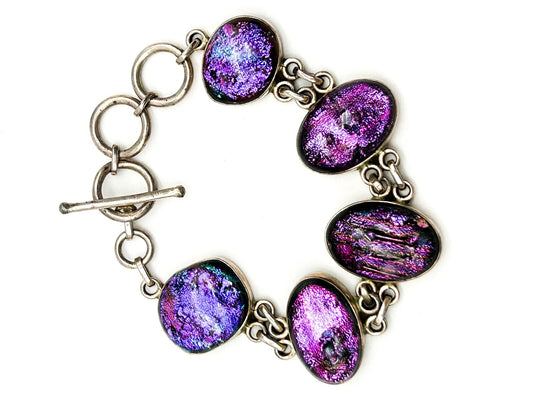 925 Sterling Silver Dichroic Glass Bracelet Purple Pink Artisan Panel Bracelet