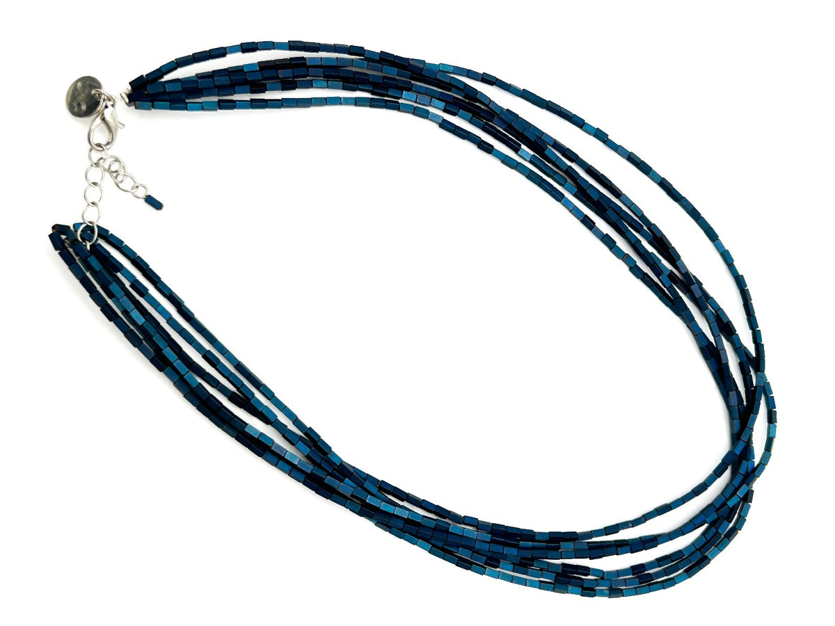 Blue Hematite Multi Strand Necklace Iridescent Rectangular Beads 19”