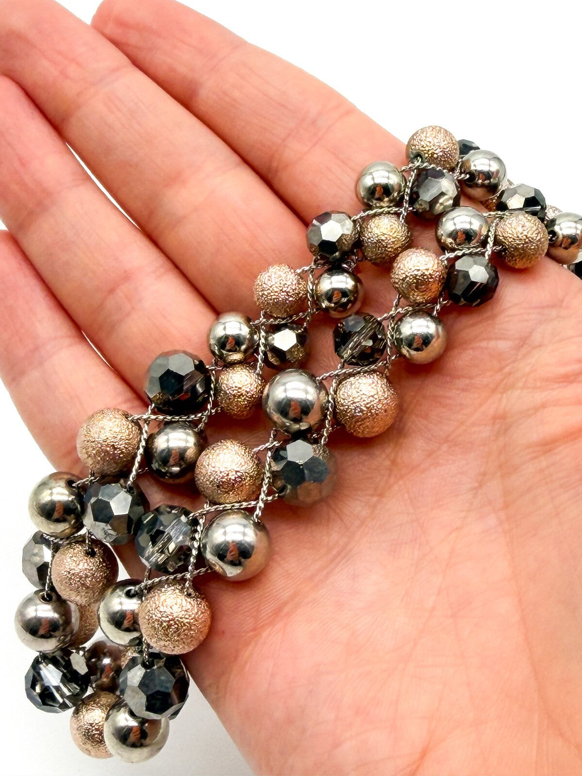 M&S Double Row Necklace Silver Rose Gold Tone Smoky Faceted Glass Beads 17”