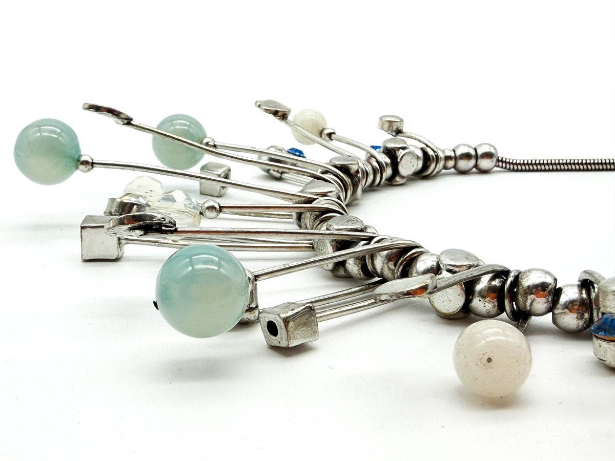 Atomic Statement Necklace Silver Tone Blue Rhinestone Opalite Fringe Modernist