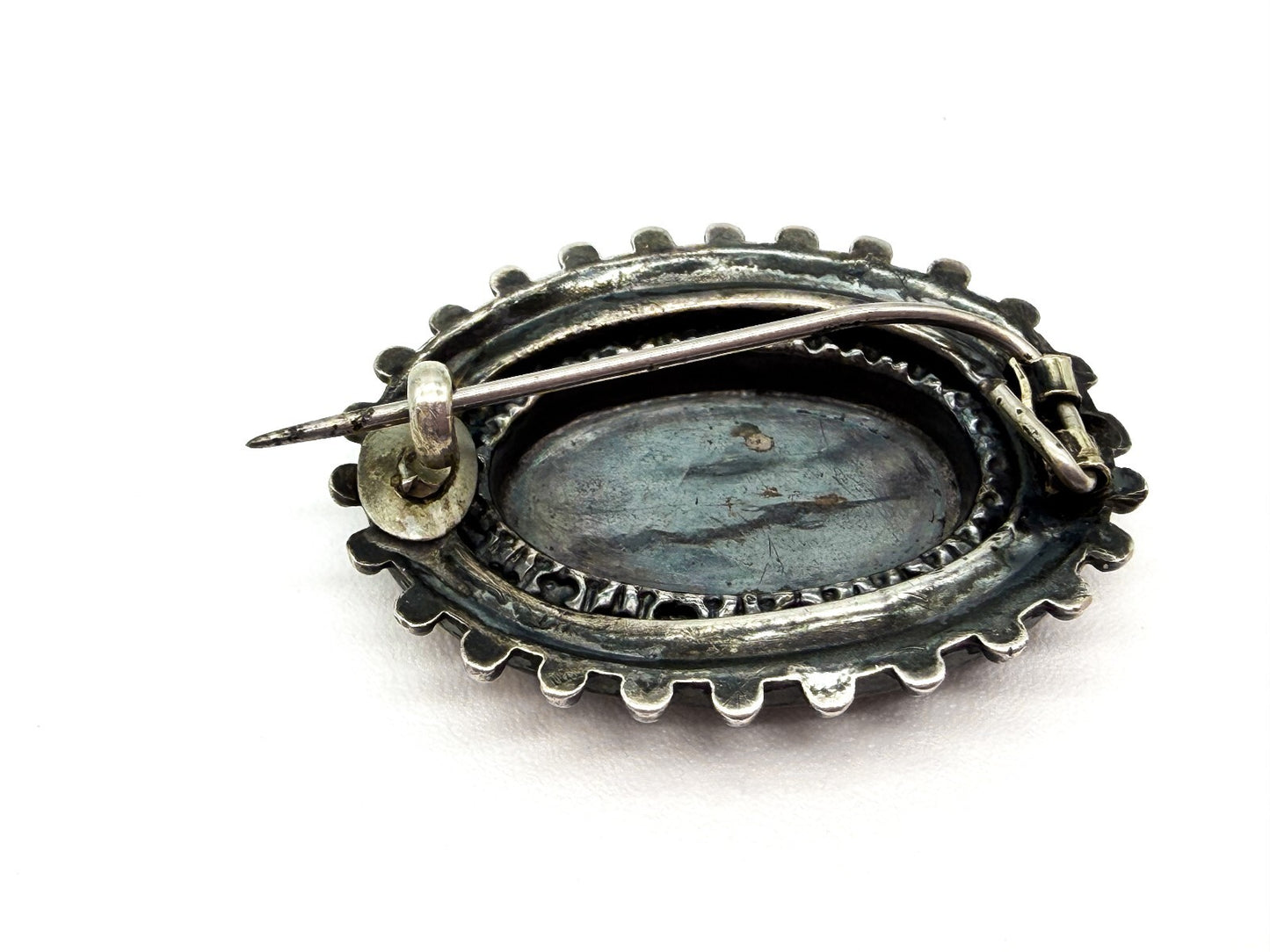 Antique Victorian Silver Tone Floral Engraved Oval Brooch Hinged Pin C Clasp
