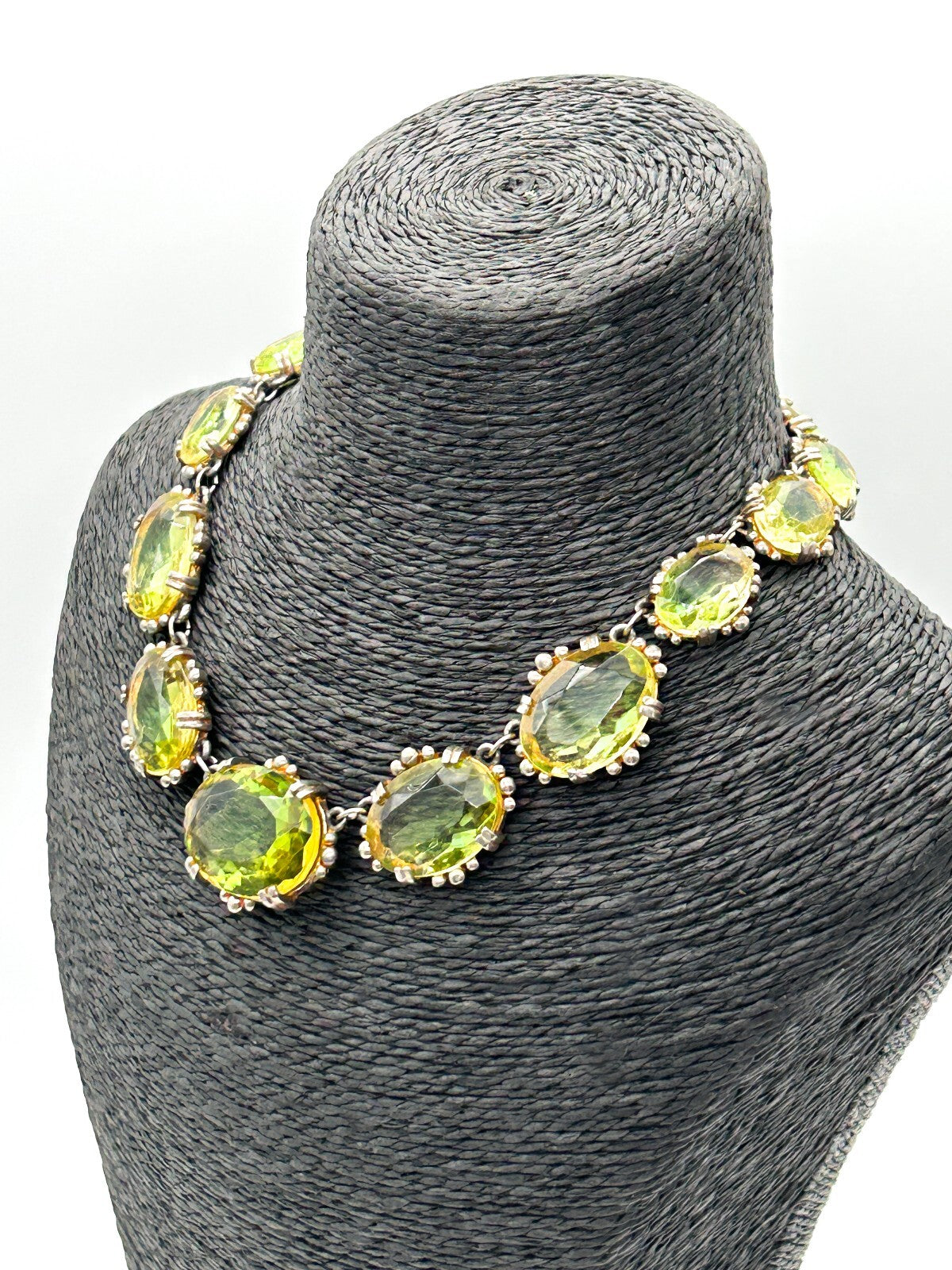 Vintage Lime Green Yellow Faceted Glass Statement Necklace Prong Oval Crystal