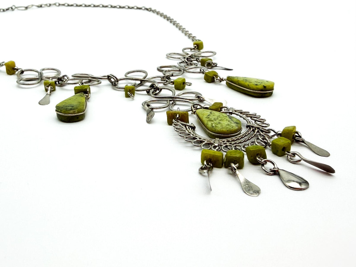 Peruvian Alpaca Silver Serpentine Necklace Earrings Set Wirework Floral Bib