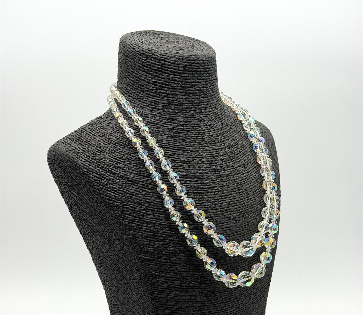 Vintage Aurora Borealis Crystal Necklace 2 Strand AB Glass Rhinestone Clasp 19"