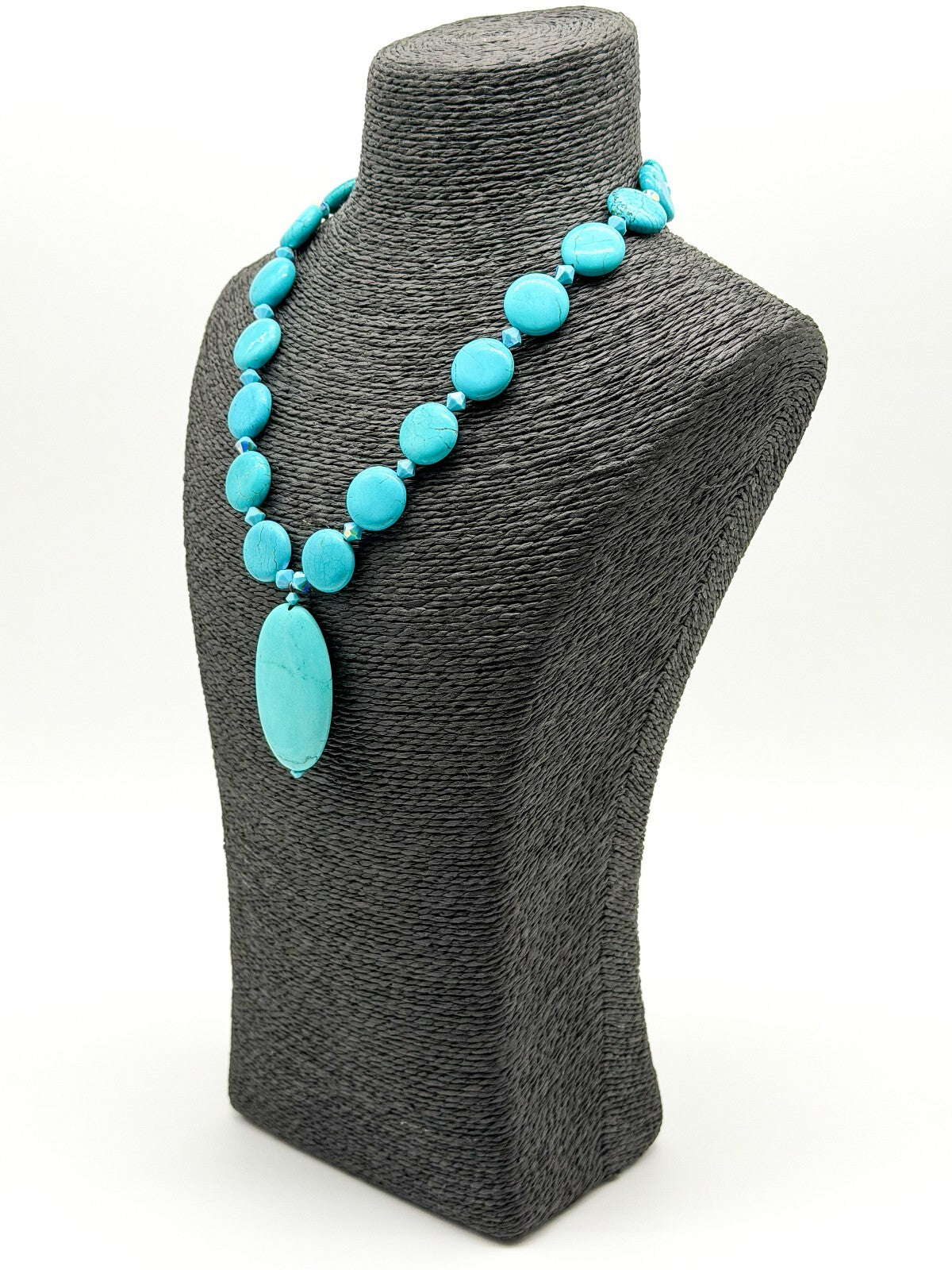 Turquoise Blue Magnesite Pendant Necklace AB Crystal Sterling Silver Box Clasp