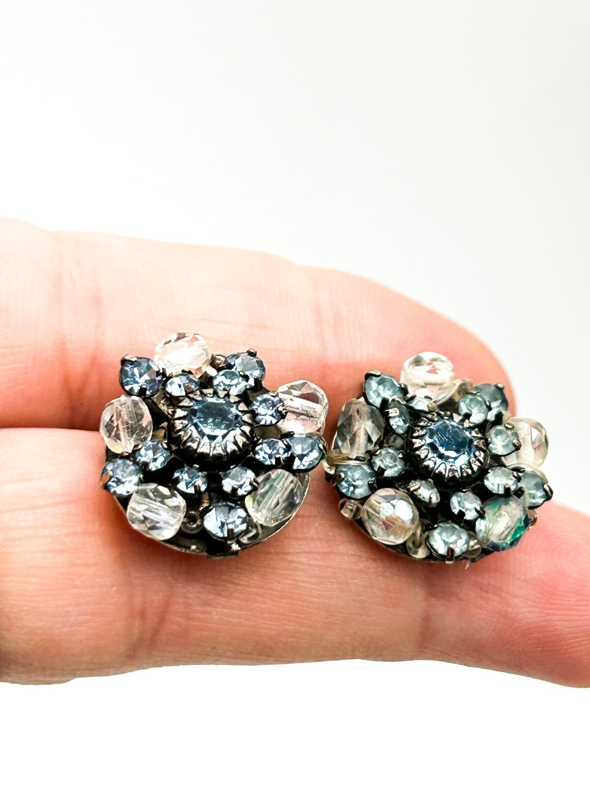 Vintage Clip On Rhinestone Earrings Bundle Blue Clear Pink Red Flower Cluster