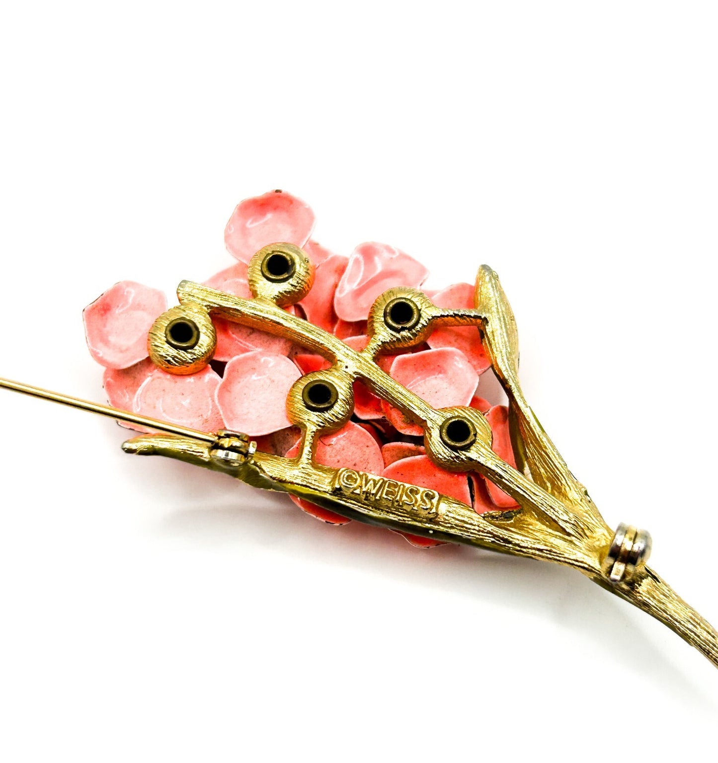 Signed Weiss Vintage Flower Brooch Pink Enamel Floral Gold Tone 7cm