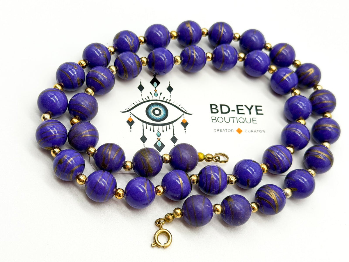 Vintage Purple Marbled Acrylic Bead Necklaces Gold Swirl Beads Necklace Duo