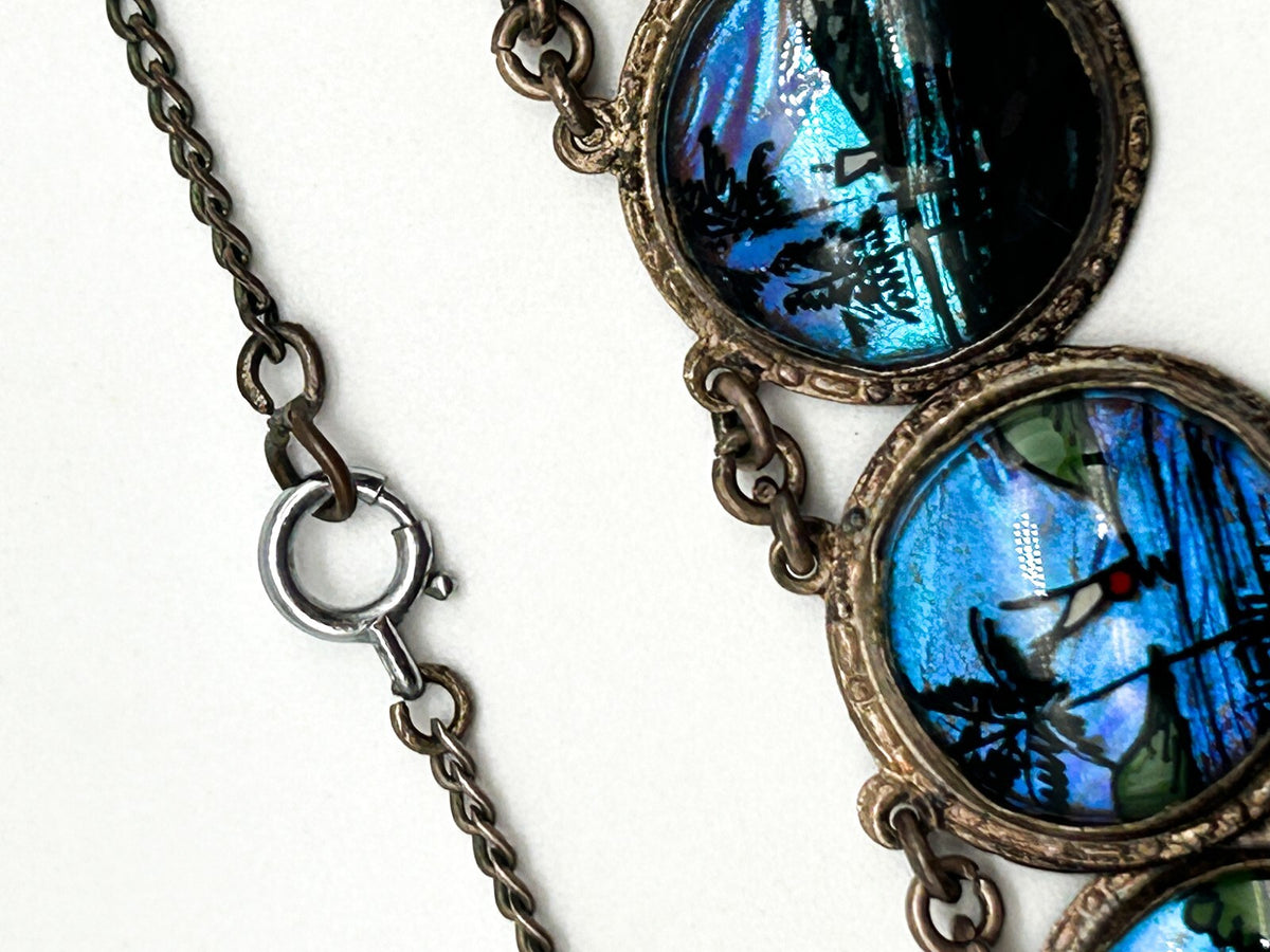 Morpho Butterfly Wing Necklace Tropical Painted Bubble Glass Brazil 1920s-1930s