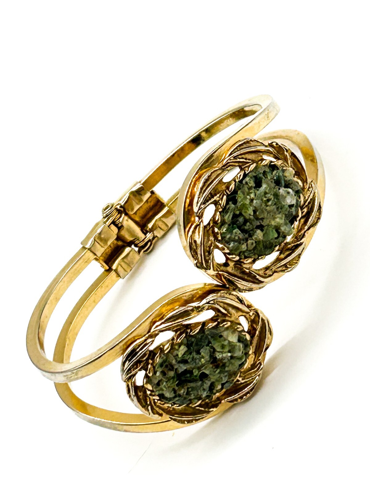 Vintage Gold Tone Faux Jade Glass Clamper Bangle Hinged Bracelet
