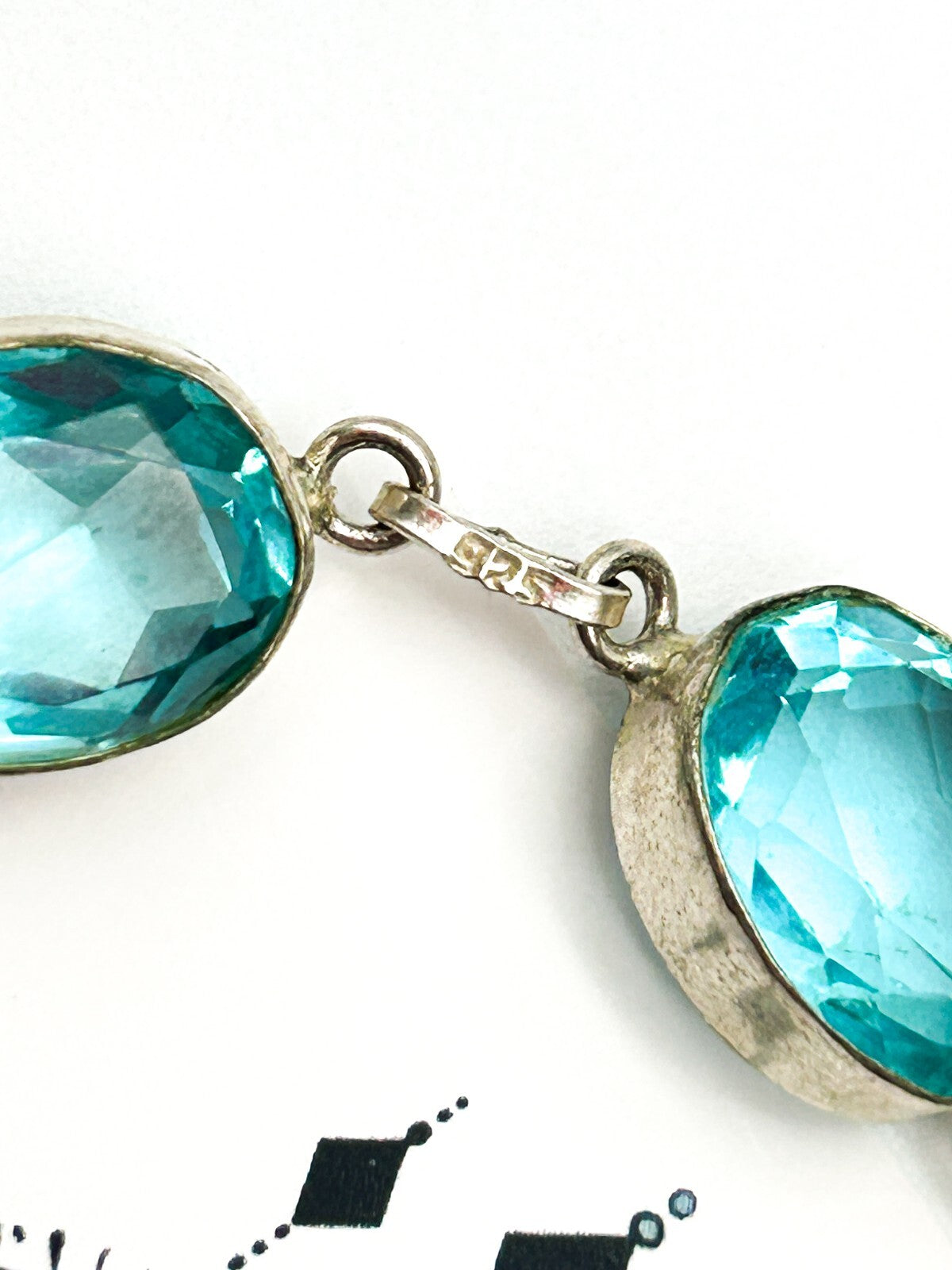 Vintage Aqua Blue Faceted Glass Cabochon Bracelet Silver Tone Open Back Bezel