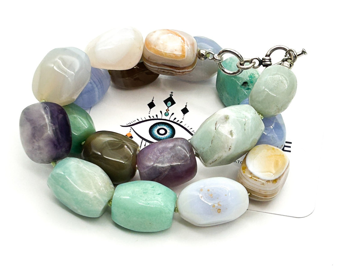 Chunky Semi Precious Gemstone Necklace Banded Agate Blue Lace Amethyst Calcite